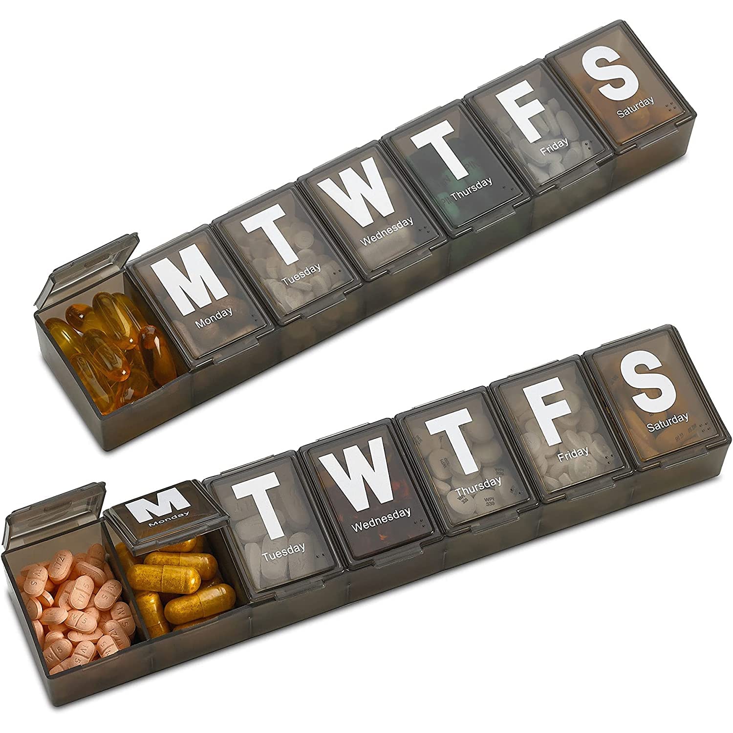 Weekly Pill Organizer - Extra Large Vitamin Container with Jumbo Easy to Read Letters, BPA Free - Daily Travel 7 Day Medication Pill Box Case, (Black)