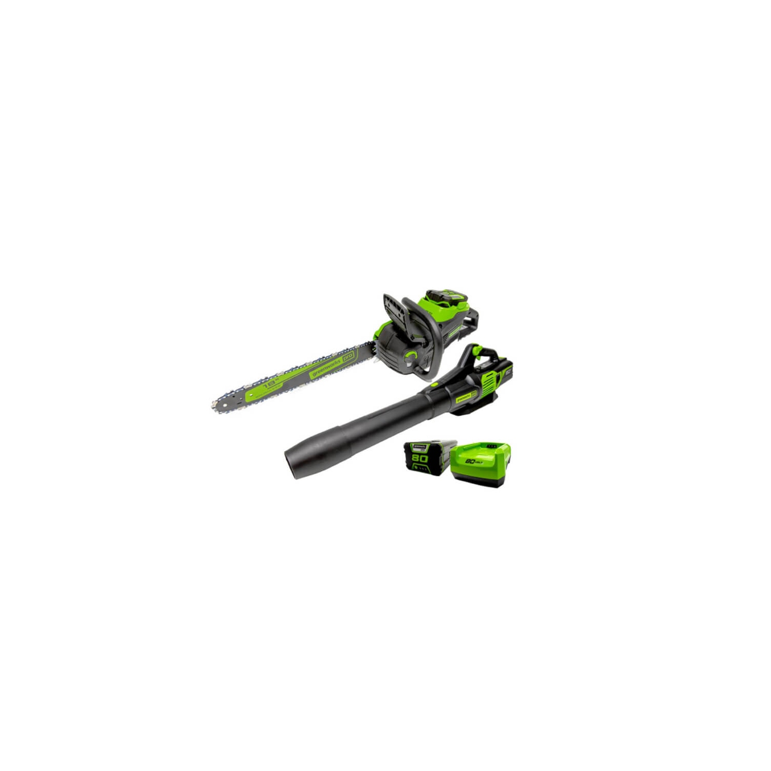 Greenworks PRO 80V 18-Inch Chainsaw + 155 MPH - 650 CFM Brushless Axial Jet Blower, 2.0 AH Battery and Charger Included