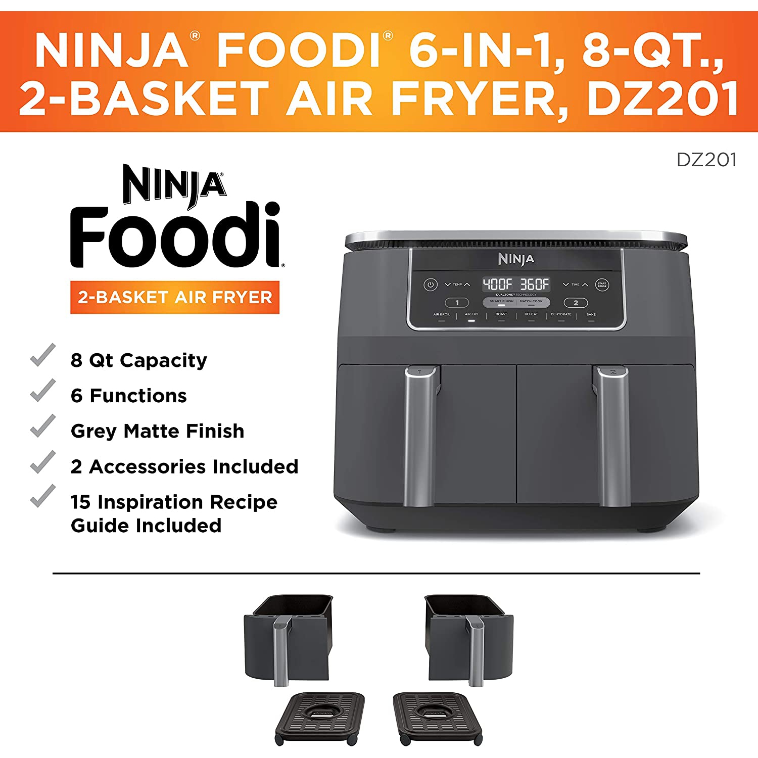 BOÎTE OUVERTE - fritteuse à air chaud 6-en-1 à deux zones Foodi de Ninja - 7,57&nbsp;kg/8qt - Noir