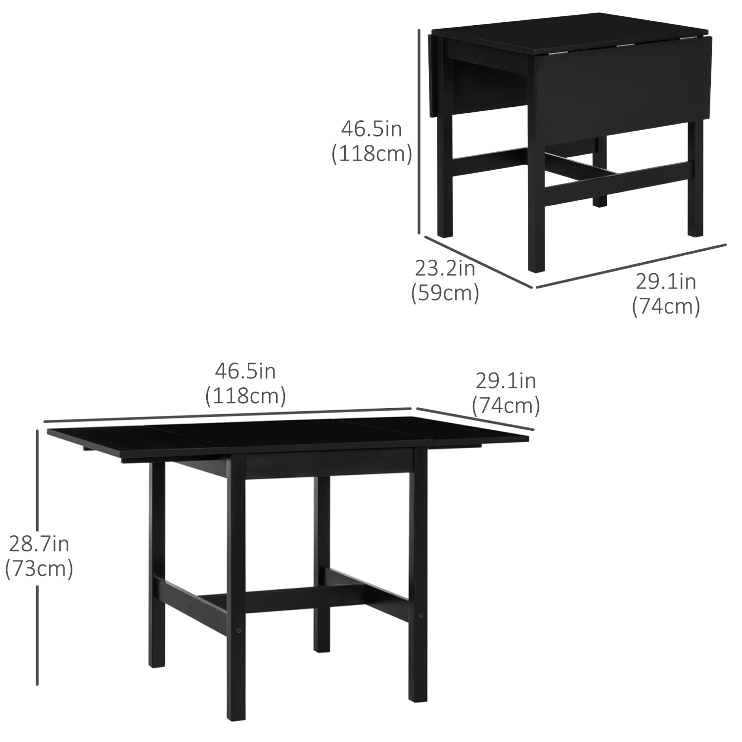 HOMCOM – Table de salle à manger pliable en bois massif, table à abattant pour petits espaces, table pliante pour cuisine, salle à manger, noir