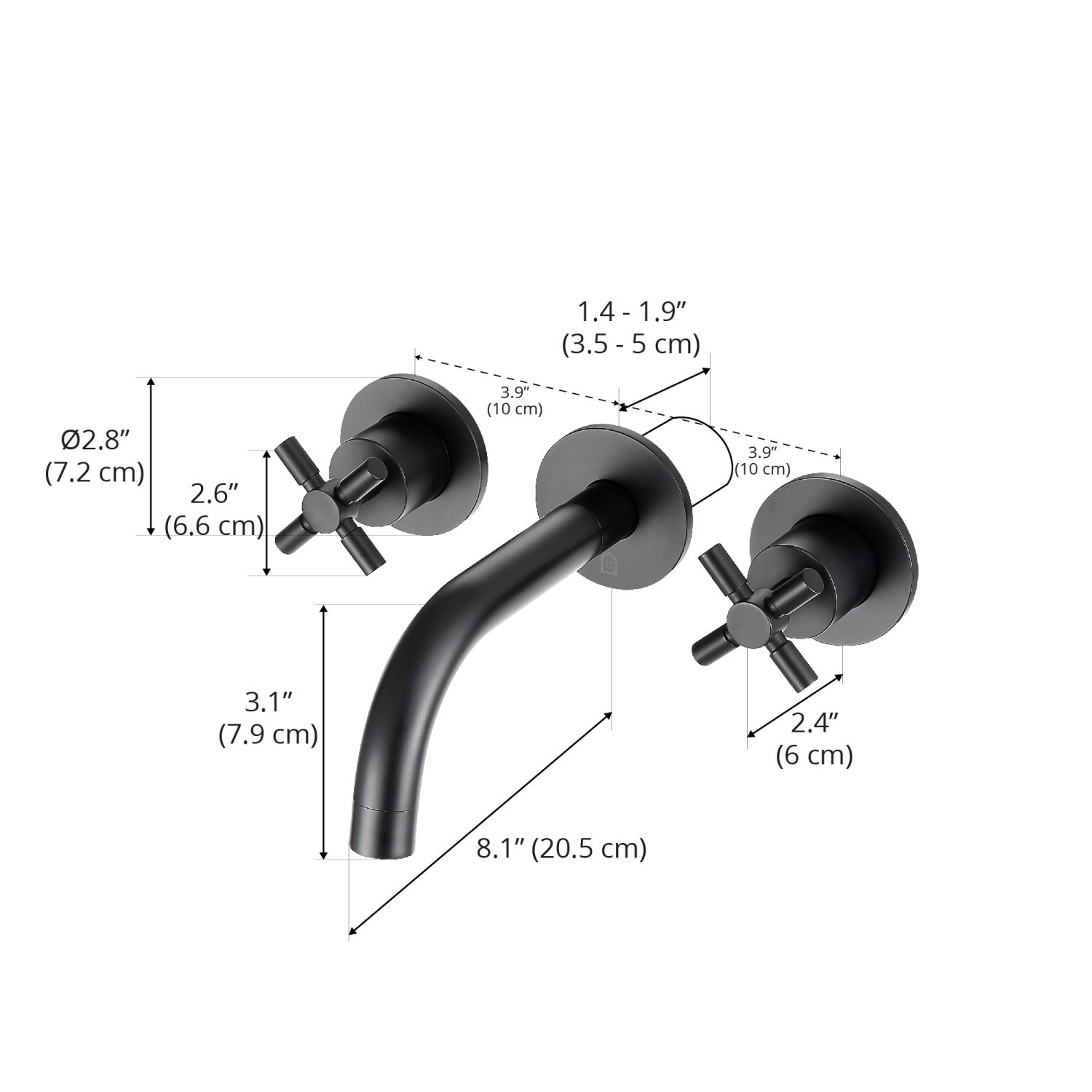 Robinet de salle de bain mural Ancona Prima à deux poignées, noir mat