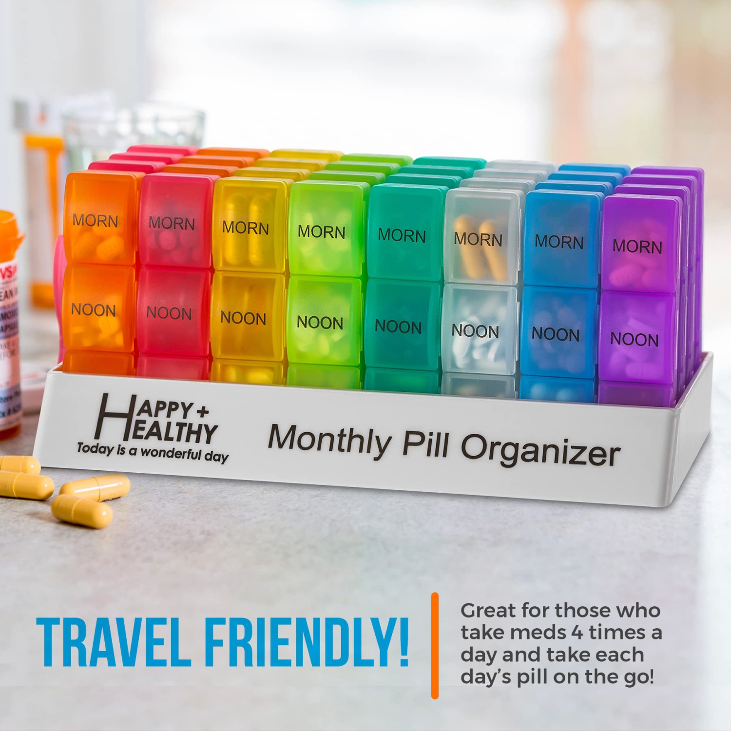 Month Pill Box Organizer - 3-Times-A-Day | Morning-Noon-Night - 30 Day Pill Case with 32 Daily Compartments for Vitamins, Supplements, Medication