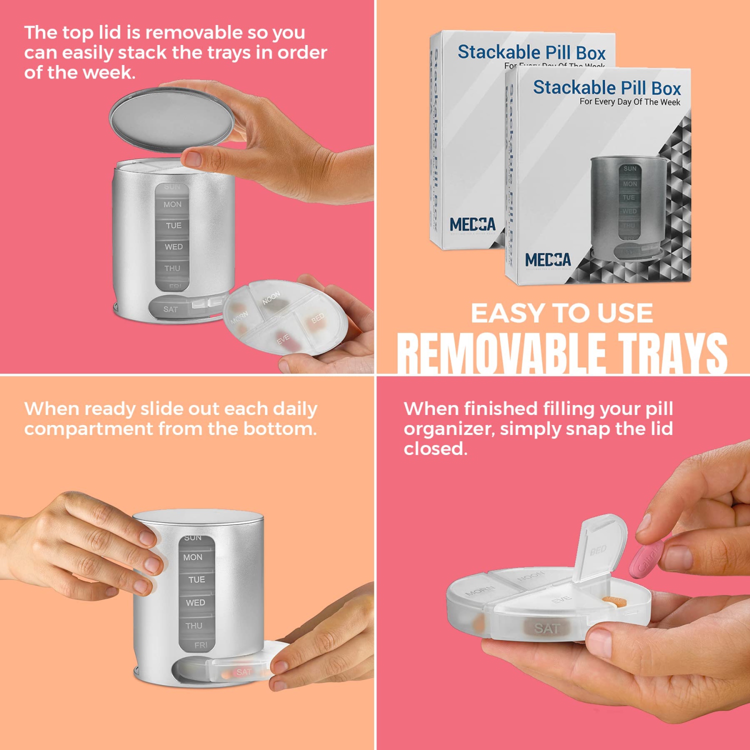 Stackable Daily Pill Organizers - Weekly Medication Reminder with 7 Individual Stacking Cases - AM/PM Pill Boxs with 4 Times a Day, Everyday Medicine