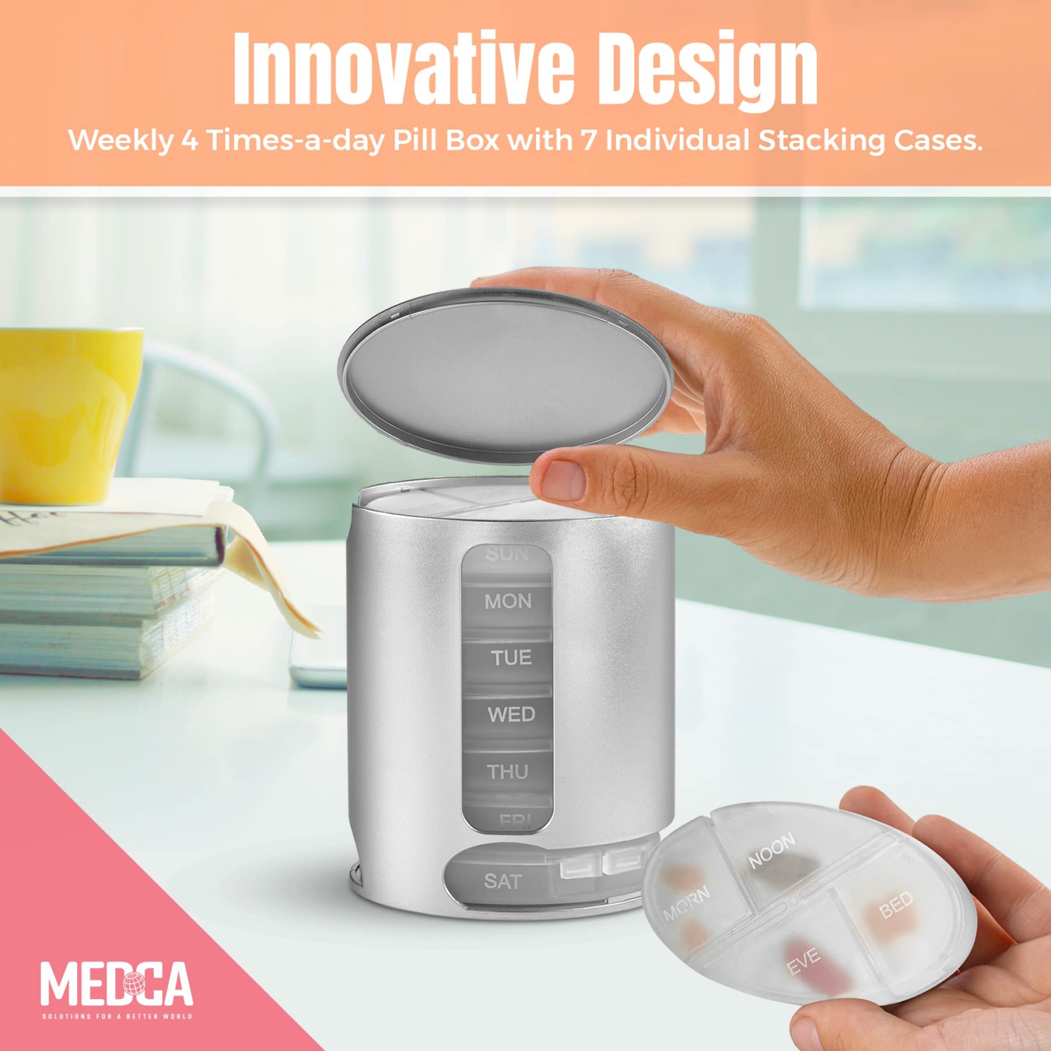 Stackable Daily Pill Organizers - Weekly Medication Reminder with 7 Individual Stacking Cases - AM/PM Pill Boxs with 4 Times a Day, Everyday Medicine