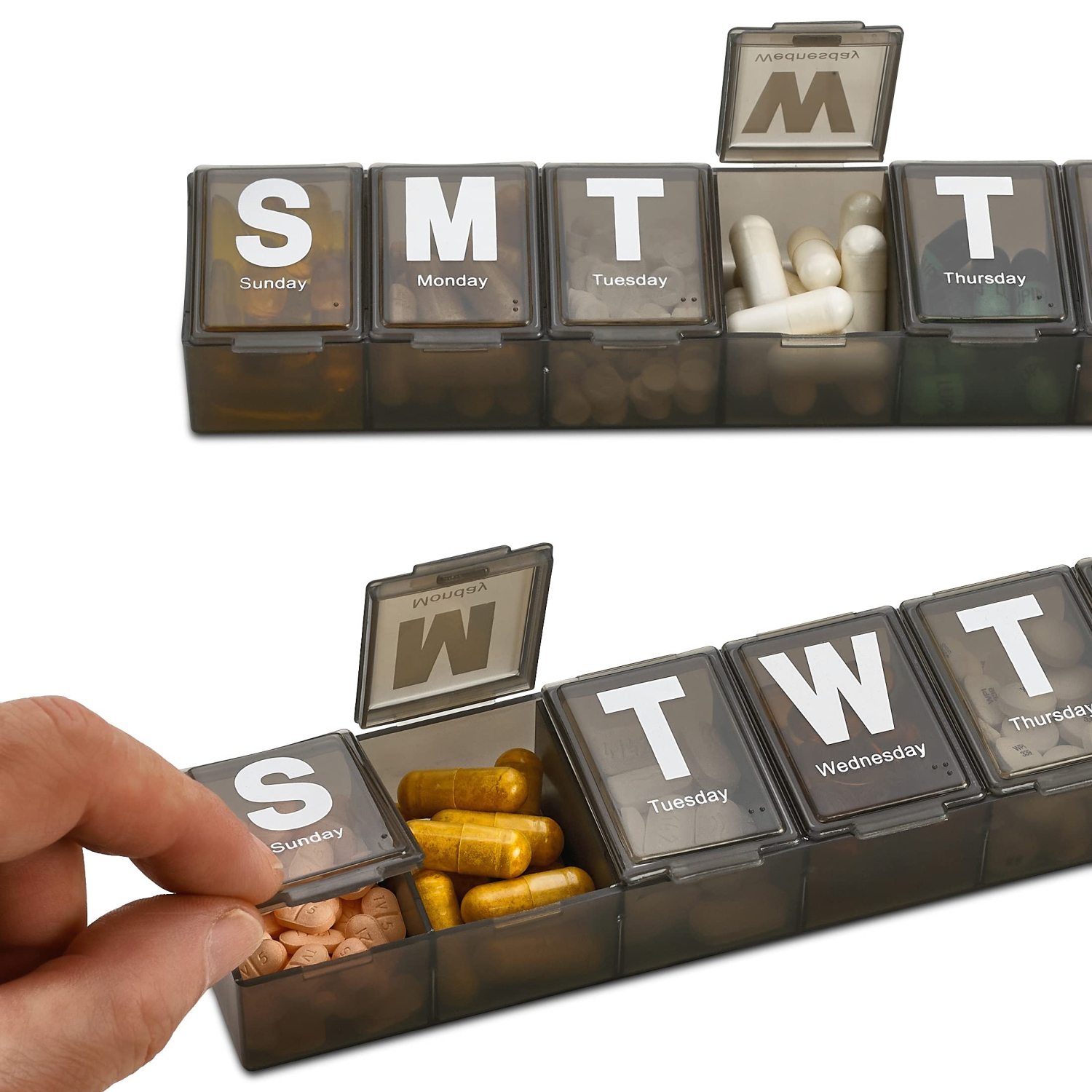 Weekly Pill Organizer - Extra Large Vitamin Container with Jumbo Easy to Read Letters, BPA Free - Daily Travel 7 Day Medication Pill Box Case, (Black)