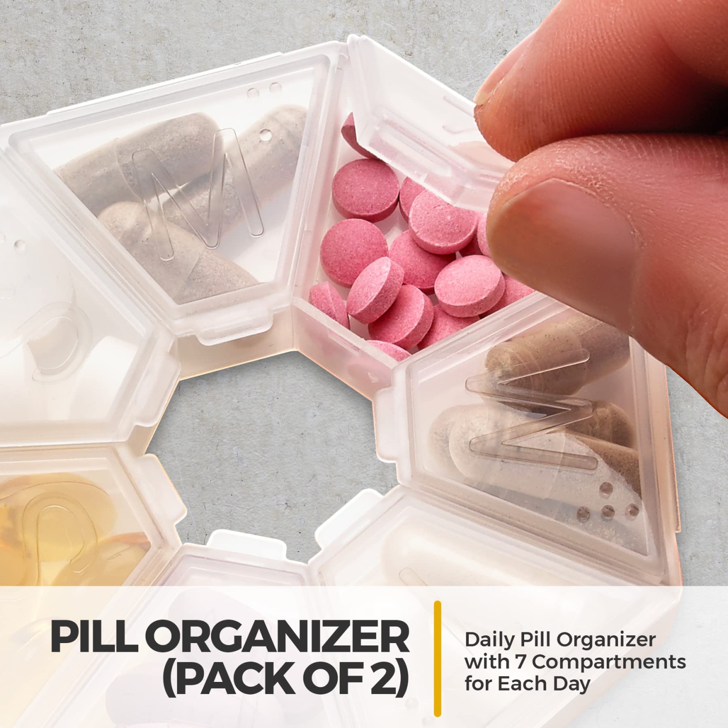 Stackable Daily Pill Organizer - Weekly Medication Reminder - Premium Weekly AM/PM Pill Box with 7 Individual Stacking Cases, Medicine Organizer for