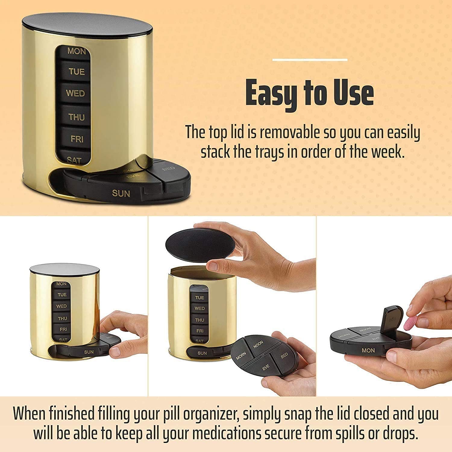 Weekly Pill Organizers - 4 Pack - 4 Times-A-Day, Daily Stackable Medication Reminder - Weekly AM/PM Pill Box with 7 Individual Stacking Cases, Black