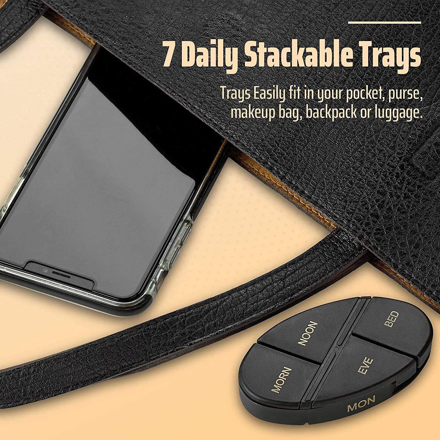 Weekly Pill Organizers - 4 Pack - 4 Times-A-Day, Daily Stackable Medication Reminder - Weekly AM/PM Pill Box with 7 Individual Stacking Cases, Black