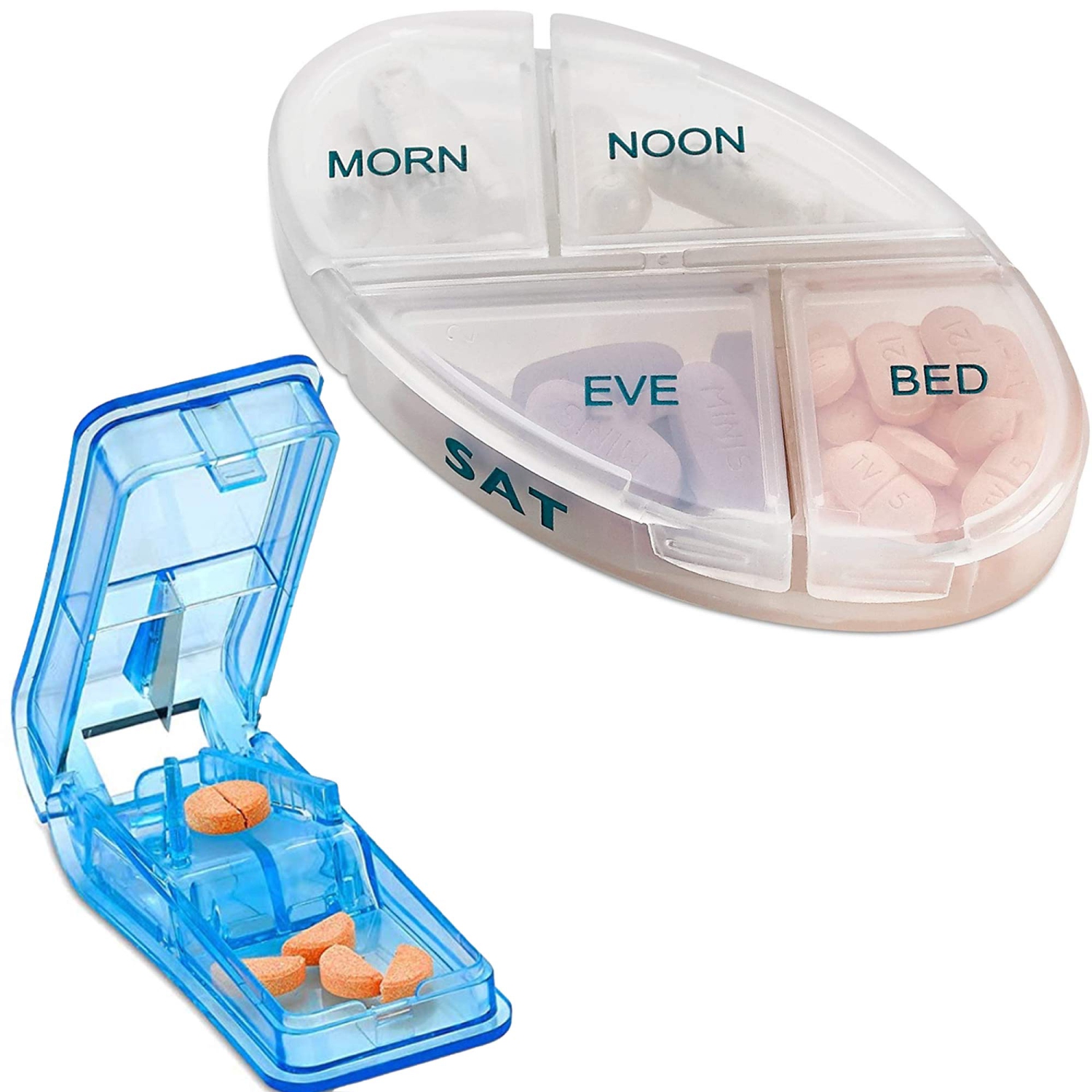 Weekly Pill Organizers with Pill Cutter Splitter 4 Times a Day Weekly Medication Dispenser Reminder, 7-Day Stackable Compartments