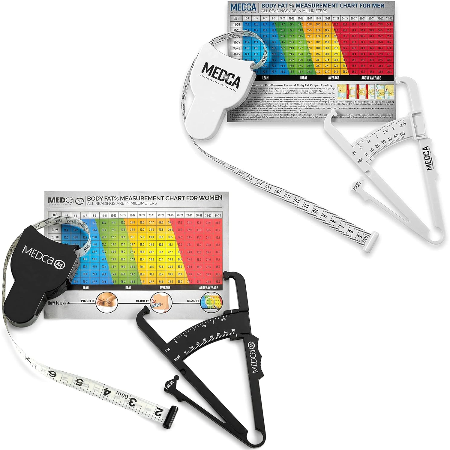 Body Fat Caliper and Measuring Tape for Body - Pack of 2 Calipers and Body Fat Tape Measure Tools for Accurately Measuring Bmi Skin Fold Fitness and