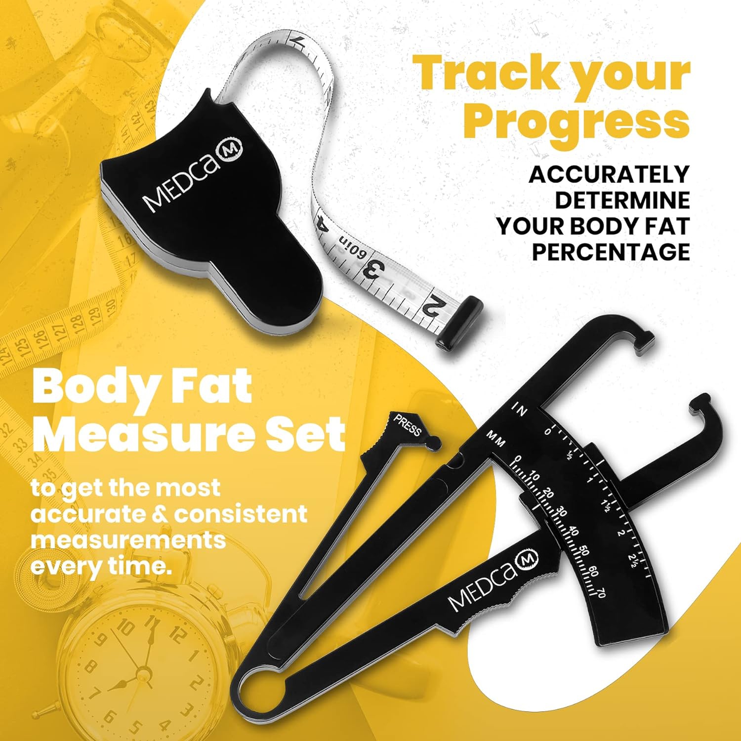 Body Fat Caliper and Measuring Tape for Body - Pack of 2 Calipers and Body Fat Tape Measure Tools for Accurately Measuring Bmi Skin Fold Fitness and