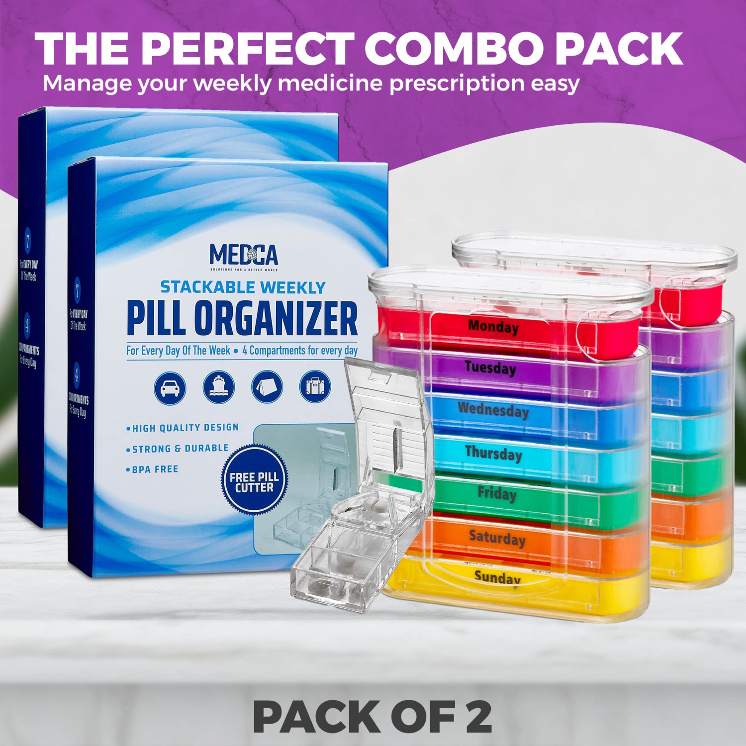 Weekly Pill Organizers with Pill Cutter - V-Grip Pill Splitter Stackable Pill, Medicine, Vitamin Organizer with 4 Times-a-Day Daily Compartments