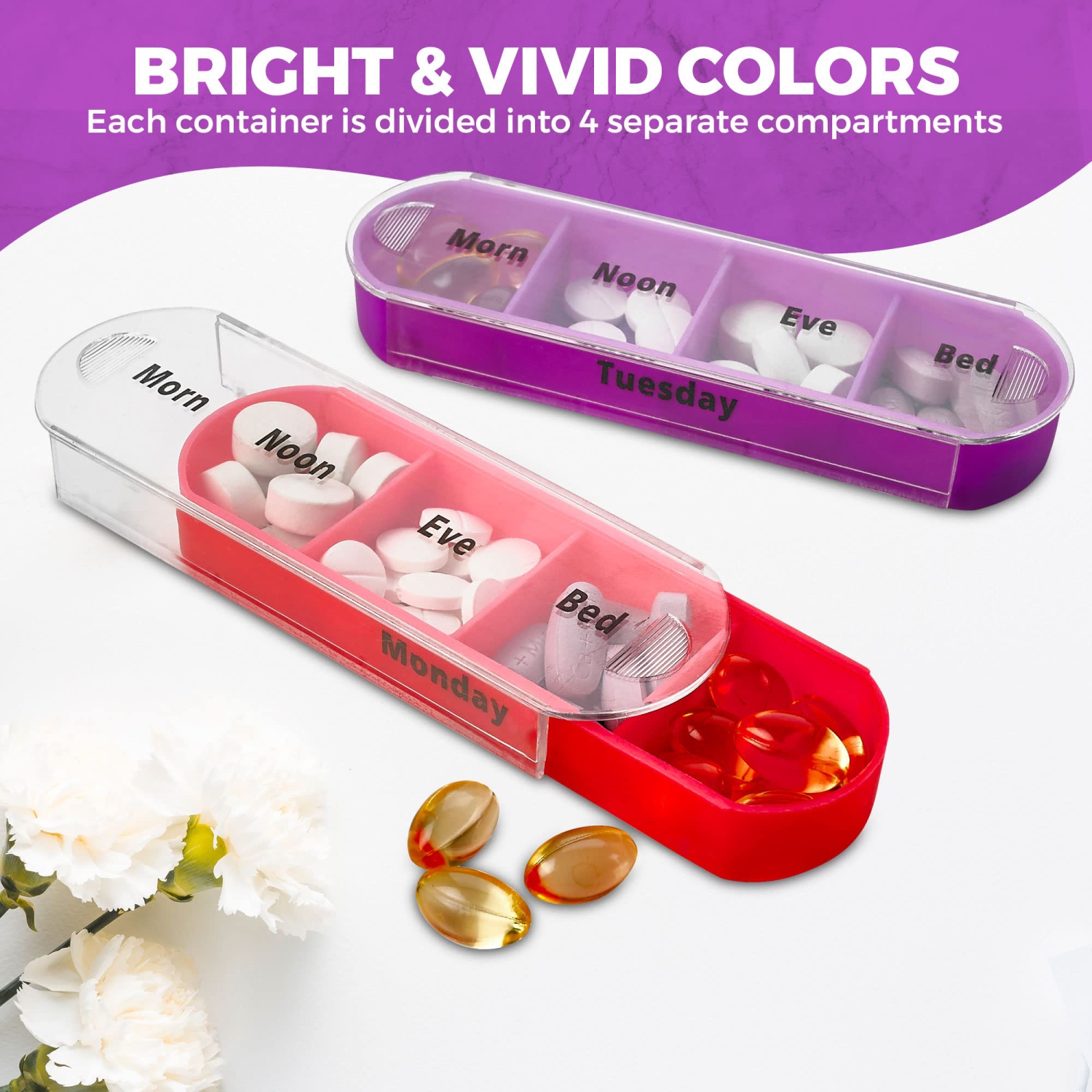 Weekly Pill Organizers with Pill Cutter - V-Grip Pill Splitter Stackable Pill, Medicine, Vitamin Organizer with 4 Times-a-Day Daily Compartments