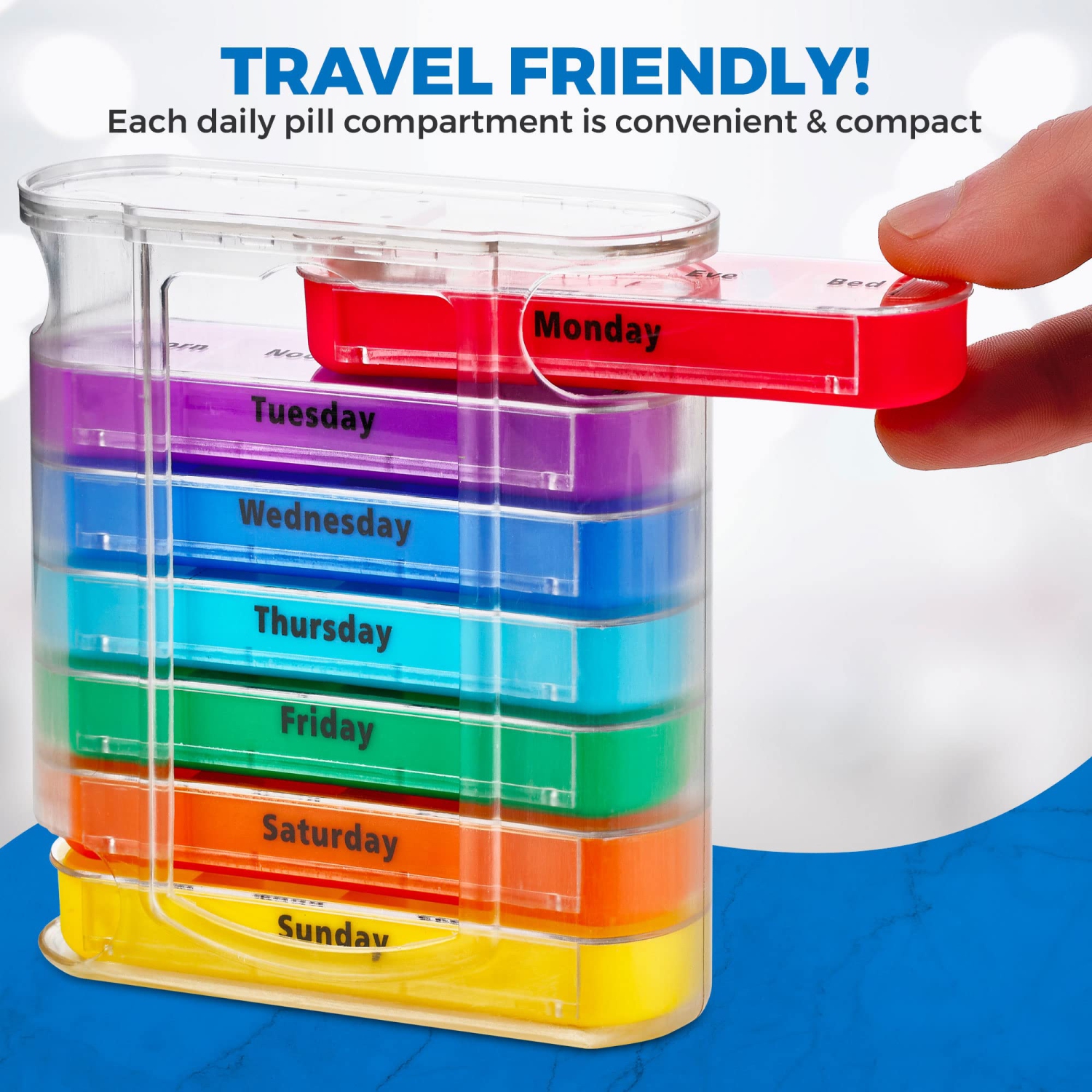 Weekly Pill Organizers with Pill Cutter - V-Grip Pill Splitter Stackable Pill, Medicine, Vitamin Organizer with 4 Times-a-Day Daily Compartments