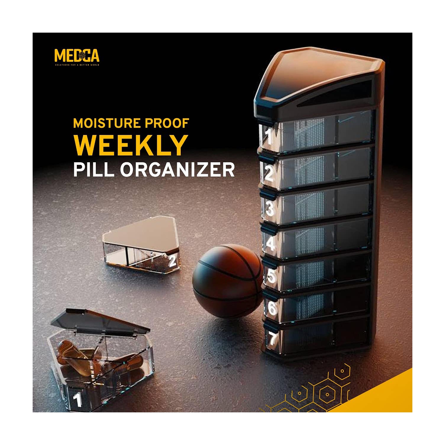 MEDCA Moisture Proof Weekly Stackable Pill Organizer - BPA Free, Weekly Pill Box Case with 3 Daily Compartments - Black Pill Box to Store Pills,