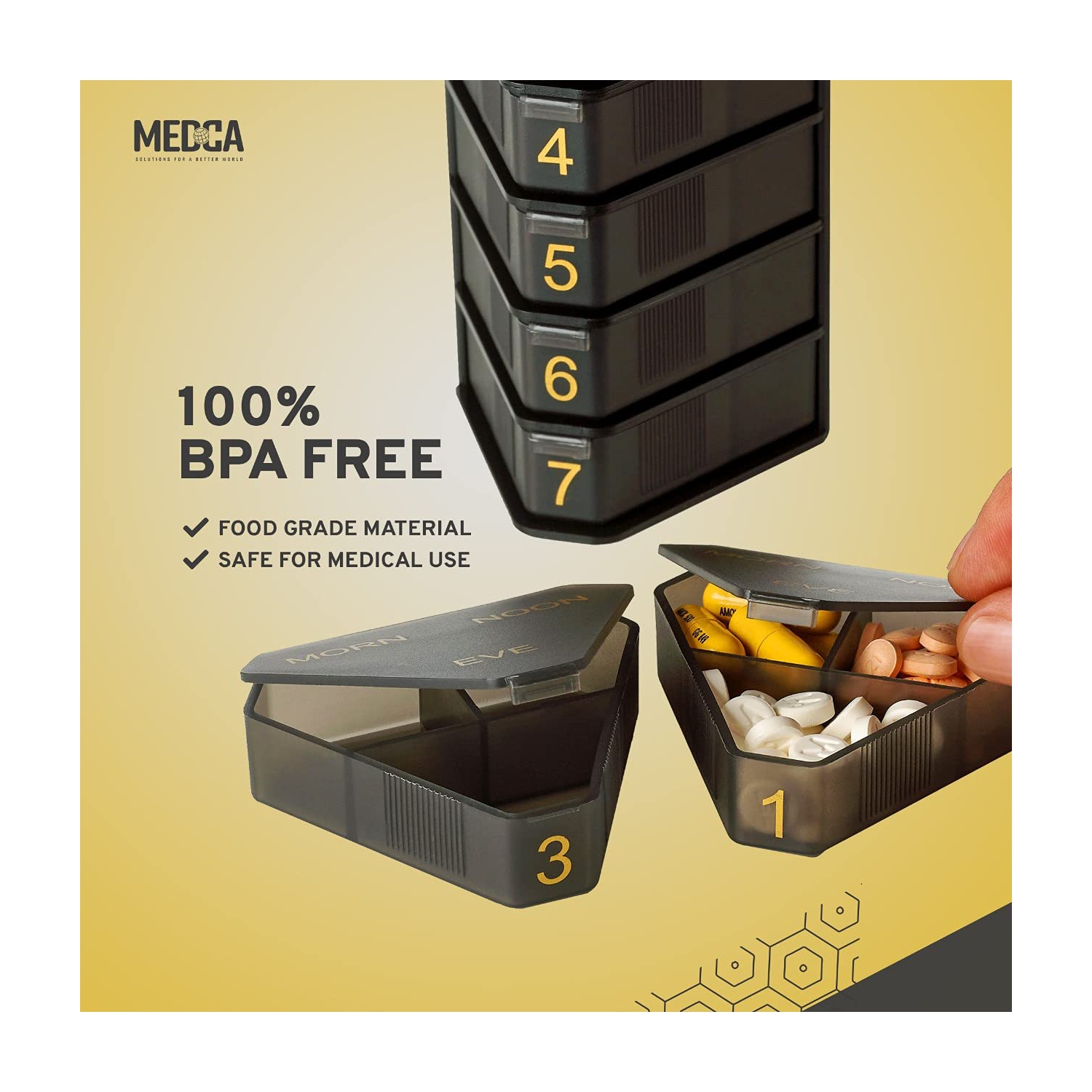 MEDCA Moisture Proof Weekly Stackable Pill Organizer - BPA Free, Weekly Pill Box Case with 3 Daily Compartments - Black Pill Box to Store Pills,