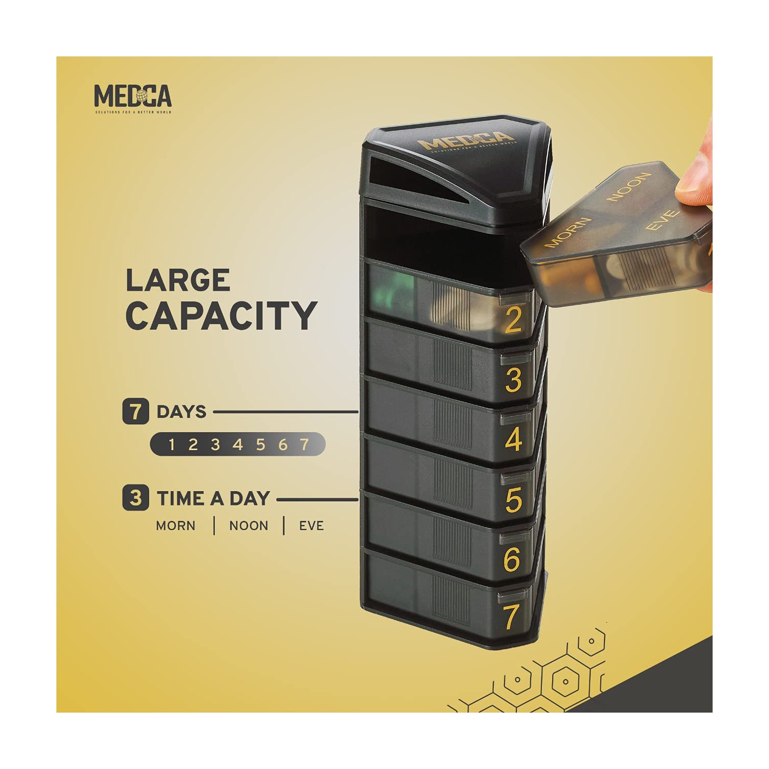 MEDCA Moisture Proof Weekly Stackable Pill Organizer - BPA Free, Weekly Pill Box Case with 3 Daily Compartments - Black Pill Box to Store Pills,