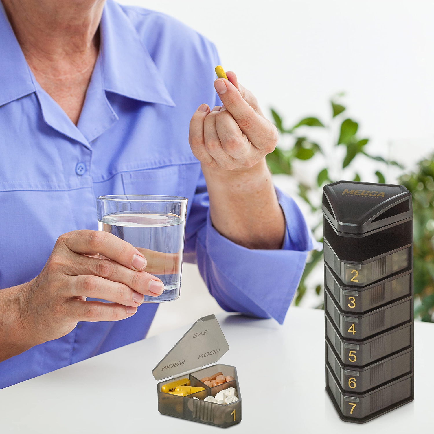 MEDCA Moisture Proof Weekly Stackable Pill Organizer - BPA Free, Weekly Pill Box Case with 3 Daily Compartments - Black Pill Box to Store Pills,