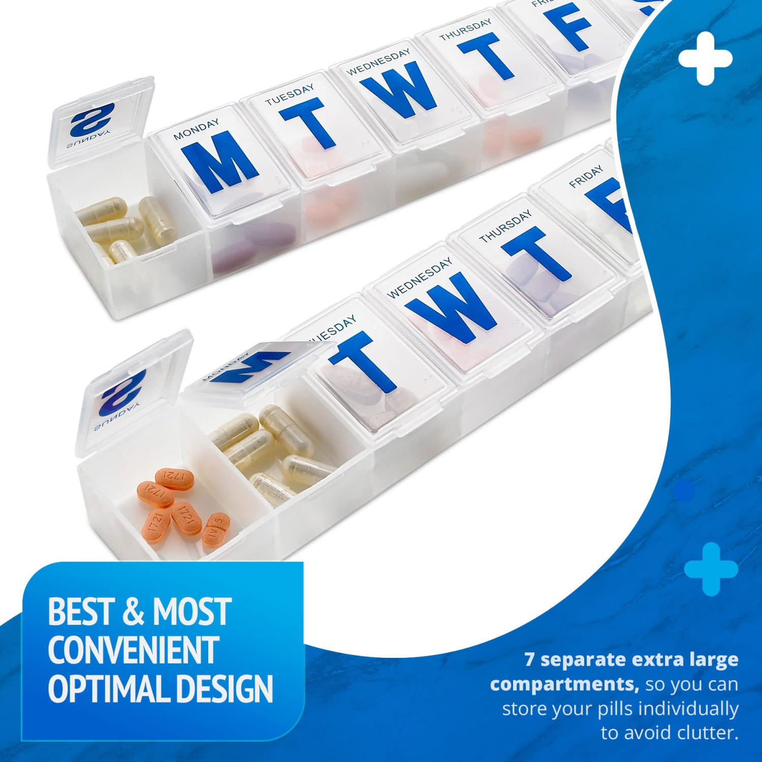Weekly Pill Organizer - Extra Large Pill, Medicine, Vitamin Organizer Box, Weekly, Daily Planner Container with Easy to Read Letters, BPA Free