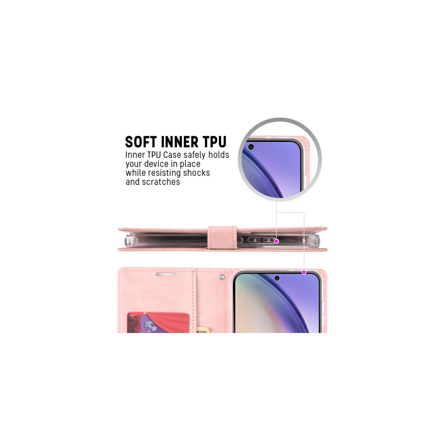 TopSave Goospery BLUEMOON Card Slot w/Magnetic Clip Leather Folio Wallet Flip For Samsung Galaxy A54 6.4", Rose Gold