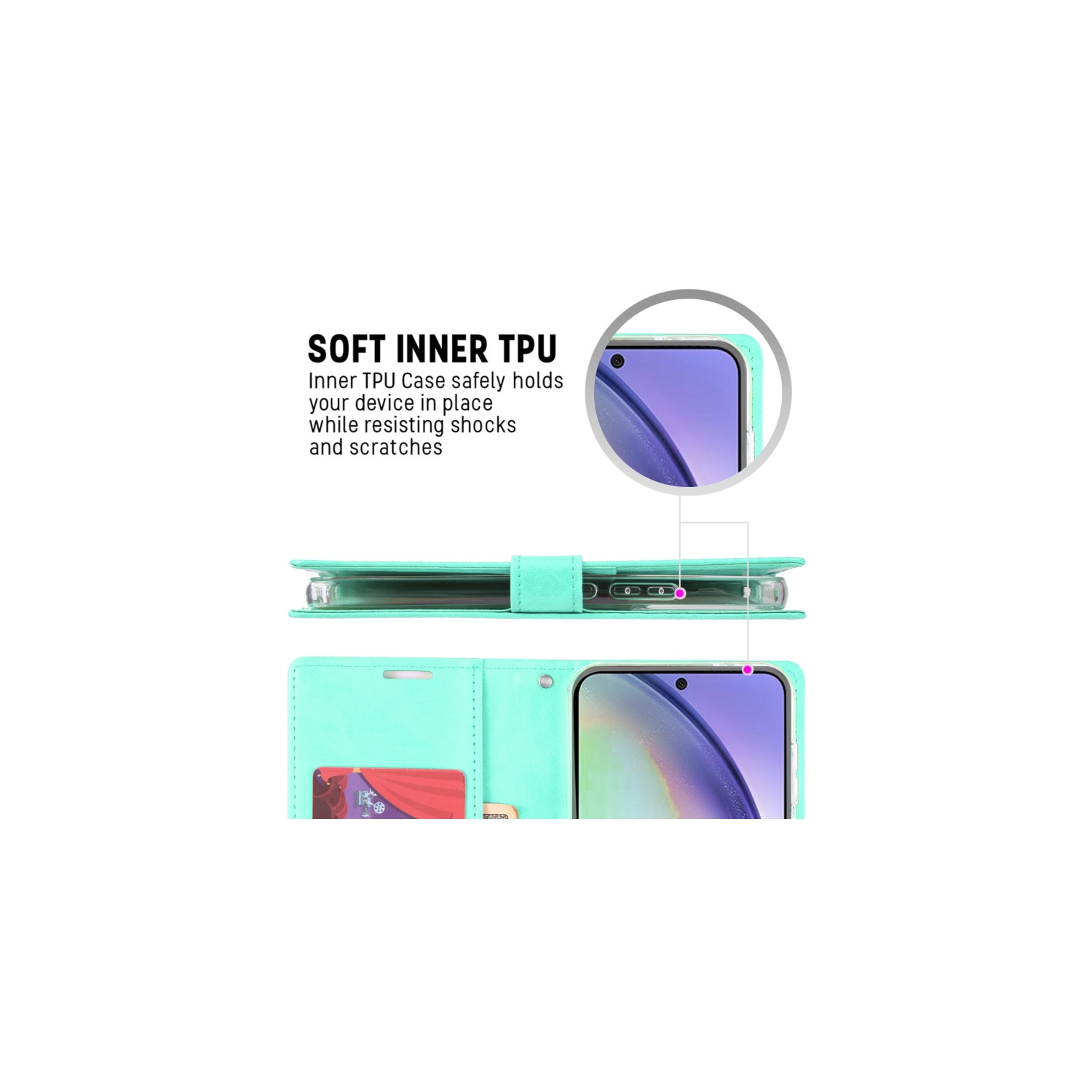 TopSave Goospery BLUEMOON Card Slot w/Magnetic Clip Leather Folio Wallet Flip For Samsung Galaxy A54 6.4", Teal