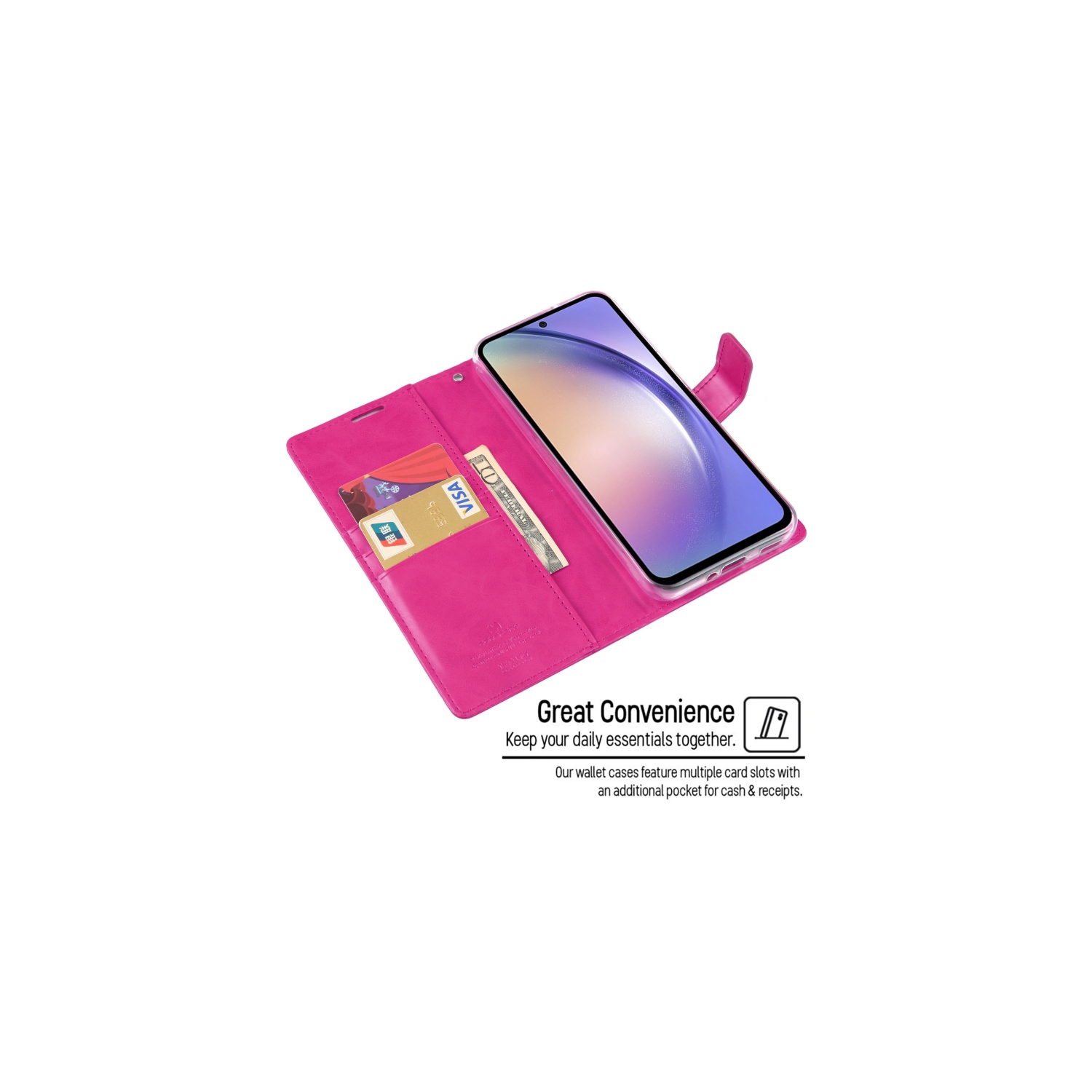 TopSave Goospery BLUEMOON Card Slot w/Magnetic Clip Leather Folio Wallet Flip For Samsung Galaxy A54 6.4", Hot Pink
