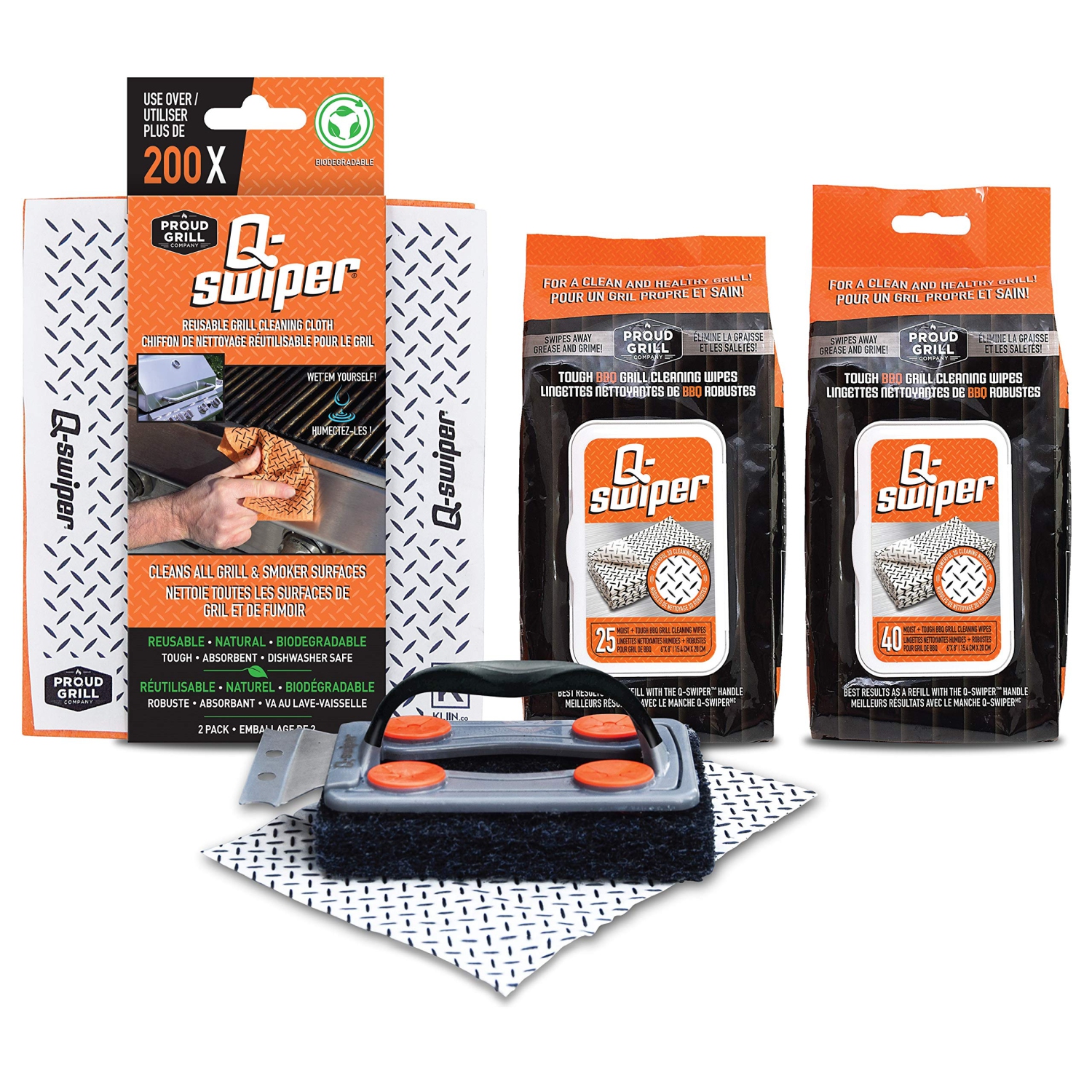 BBQ Grill Cleaner Gift Bundle Set - 1 Q-Swiper Grill Brush, 65 Q-Swiper Grill Cleaning Wipes and 2 Q-Swiper Reusable Grill Cloths. Safe Way to Clean