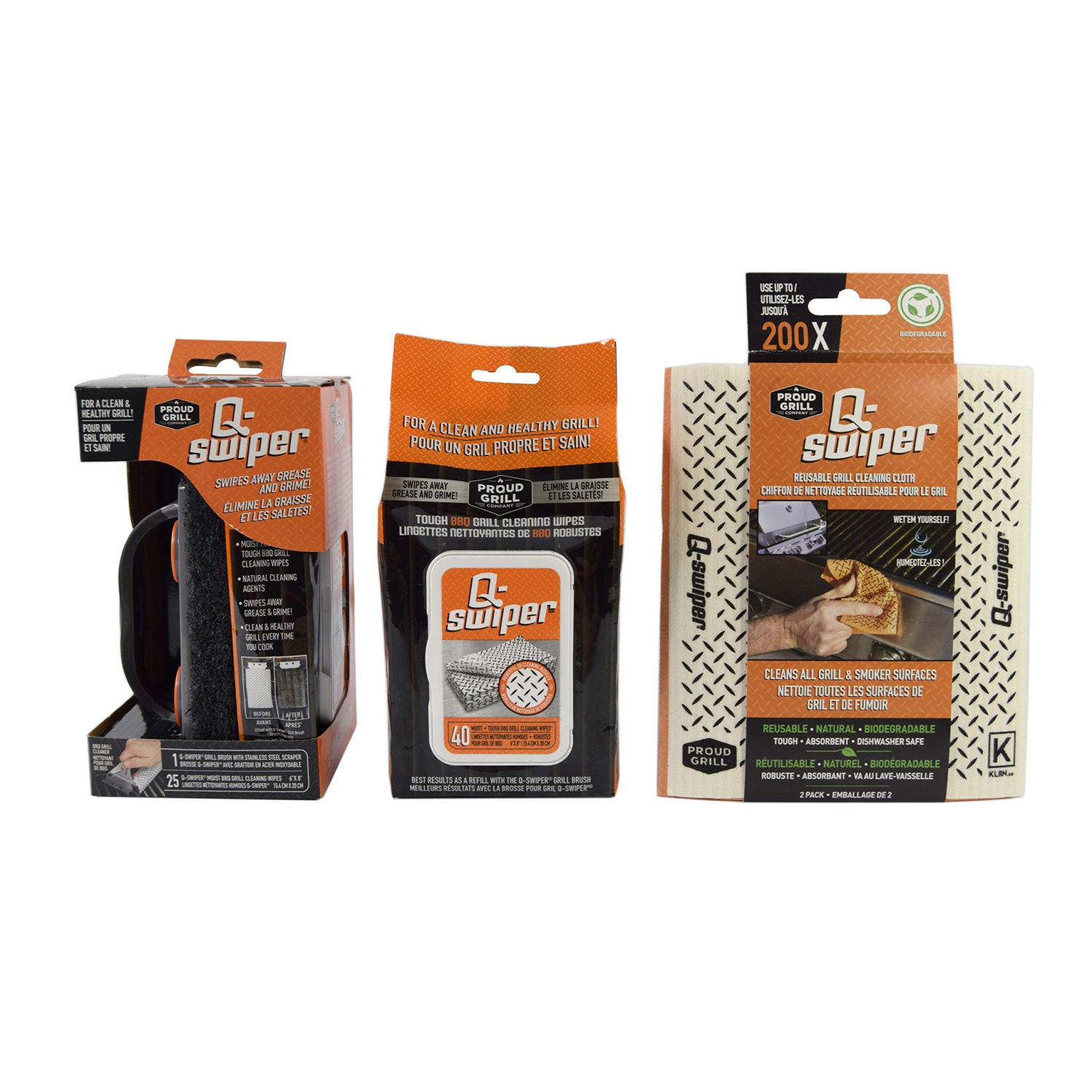 BBQ Grill Cleaner Gift Bundle Set - 1 Q-Swiper Grill Brush, 65 Q-Swiper Grill Cleaning Wipes and 2 Q-Swiper Reusable Grill Cloths. Safe Way to Clean
