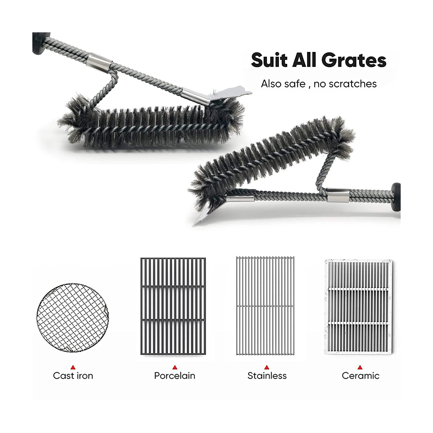 2 Pack BBQ Brush, 18 inch BBQ Brush Cleaner for Grill BBQ, Stainless Steel Barbecue Brush Bristle Free with Scraper & Multiple BBQ Grill Brush Heads,