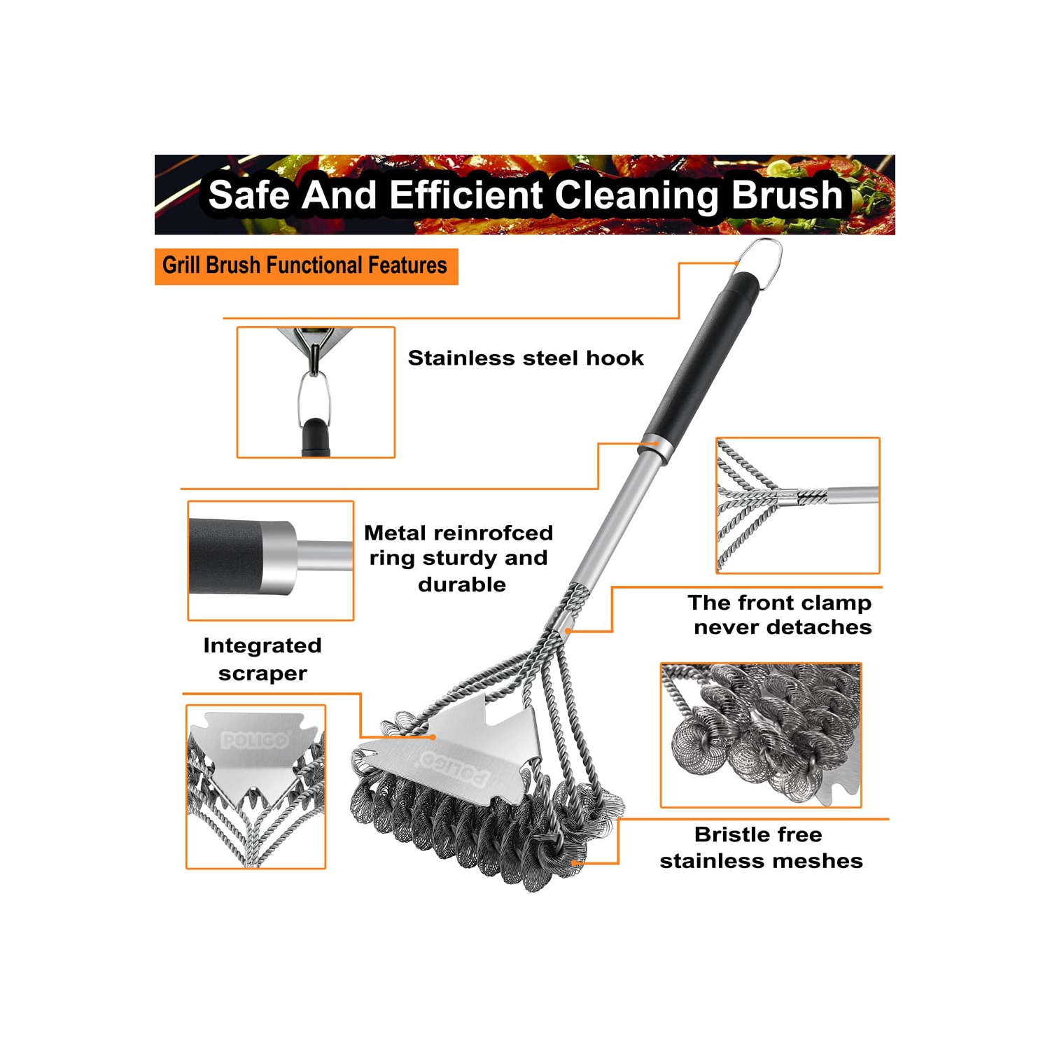 BBQ Grill Brush and Scraper Bristle Free Barbecue Brush, 18inch Stainless Steel BBQ Brush Cleaner with Scraper for Efficiently Cleaning, Safe BBQ