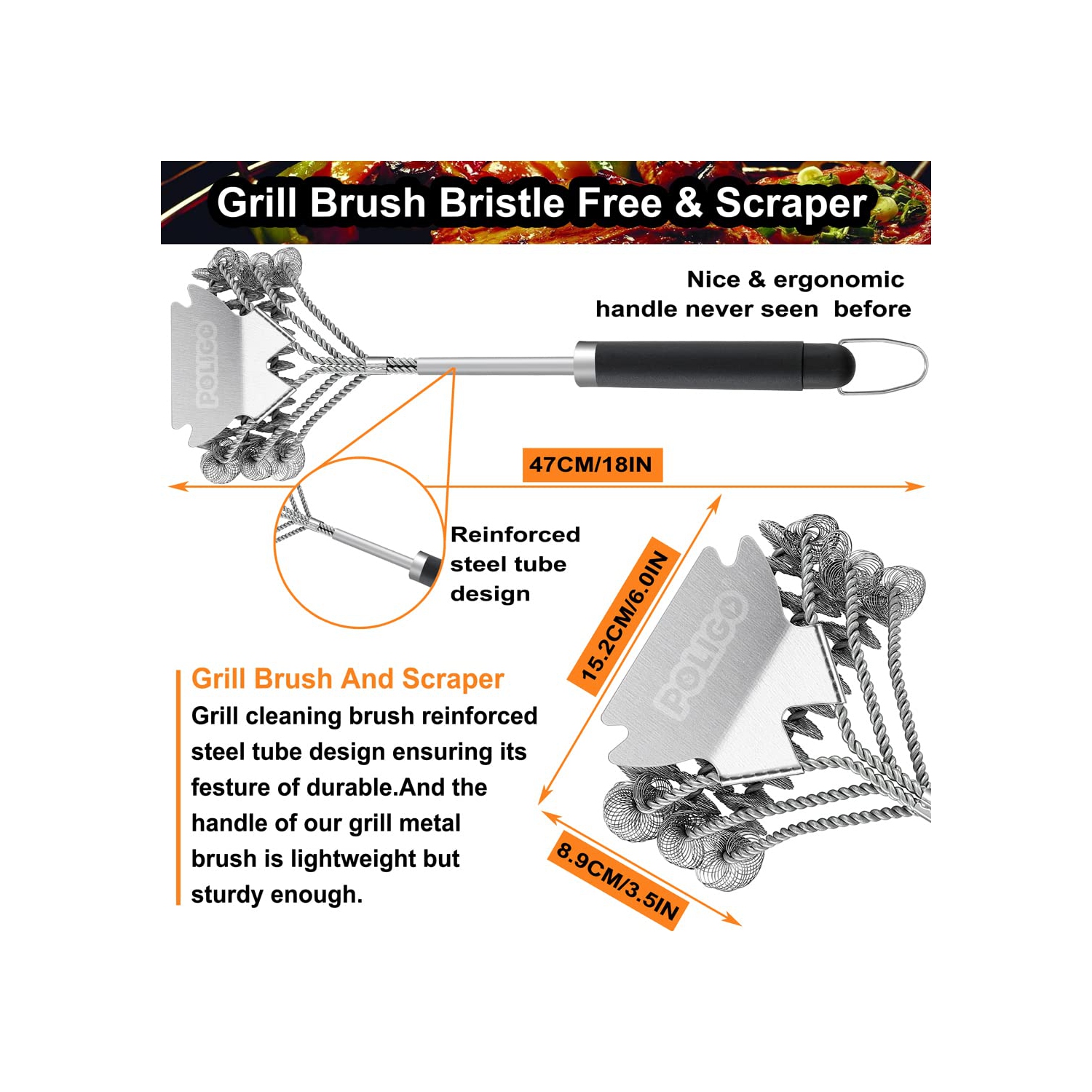 BBQ Grill Brush and Scraper Bristle Free Barbecue Brush, 18inch Stainless Steel BBQ Brush Cleaner with Scraper for Efficiently Cleaning, Safe BBQ