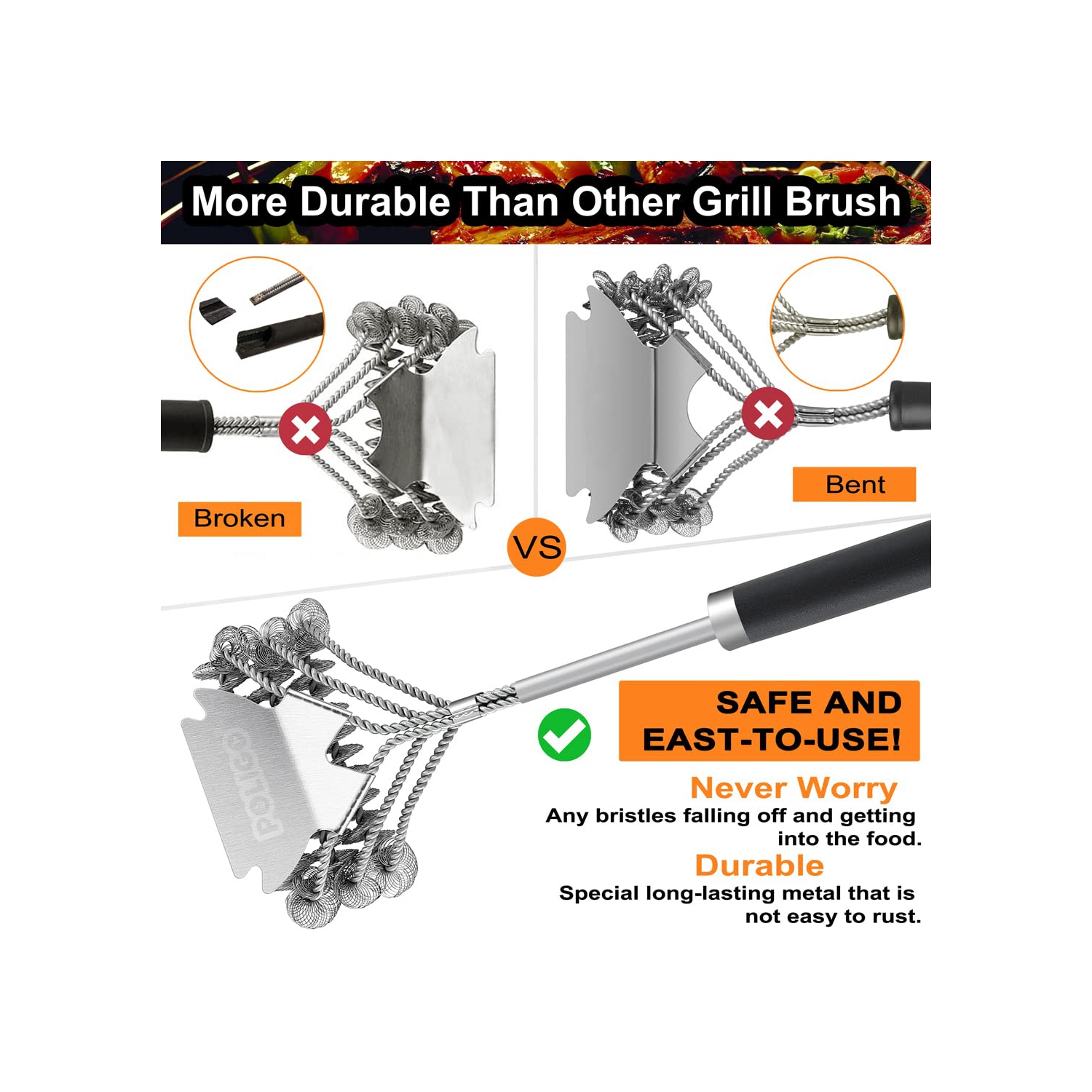 BBQ Grill Brush and Scraper Bristle Free Barbecue Brush, 18inch Stainless Steel BBQ Brush Cleaner with Scraper for Efficiently Cleaning, Safe BBQ