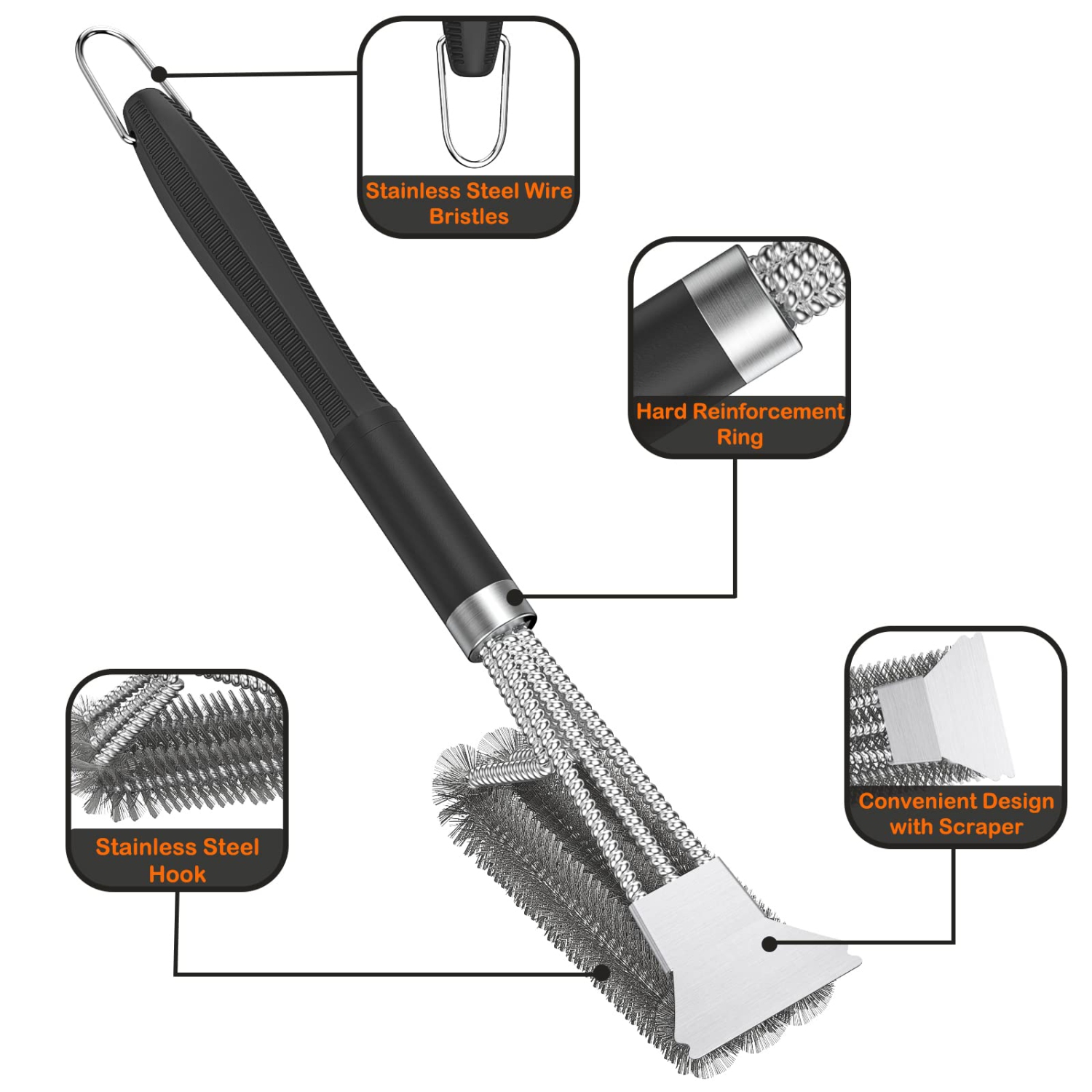 2 Packs BBQ Grill Brush, BBQ Brush Cleaner for Grill, Stainless Steel BBQ Cleaning Brush with Scraper, BBQ Brush Bristle Free Suitable for Gas,