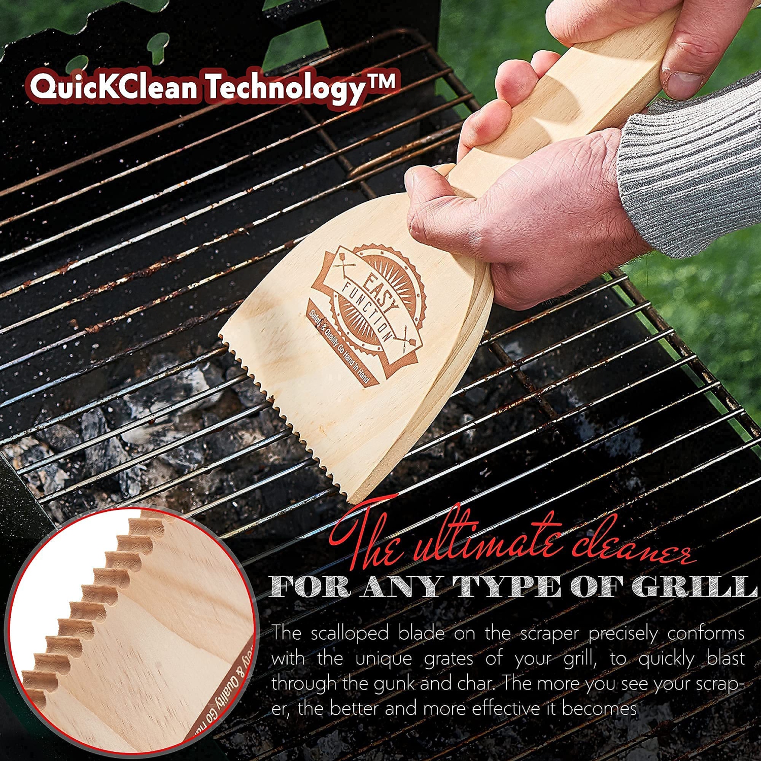 Easy Function Grill Scraper - Wooden BBQ Grill Brush Cleaner Alternative - Uses Powerful QuicKClean Technology to Faultlessly Clean On Top & Between