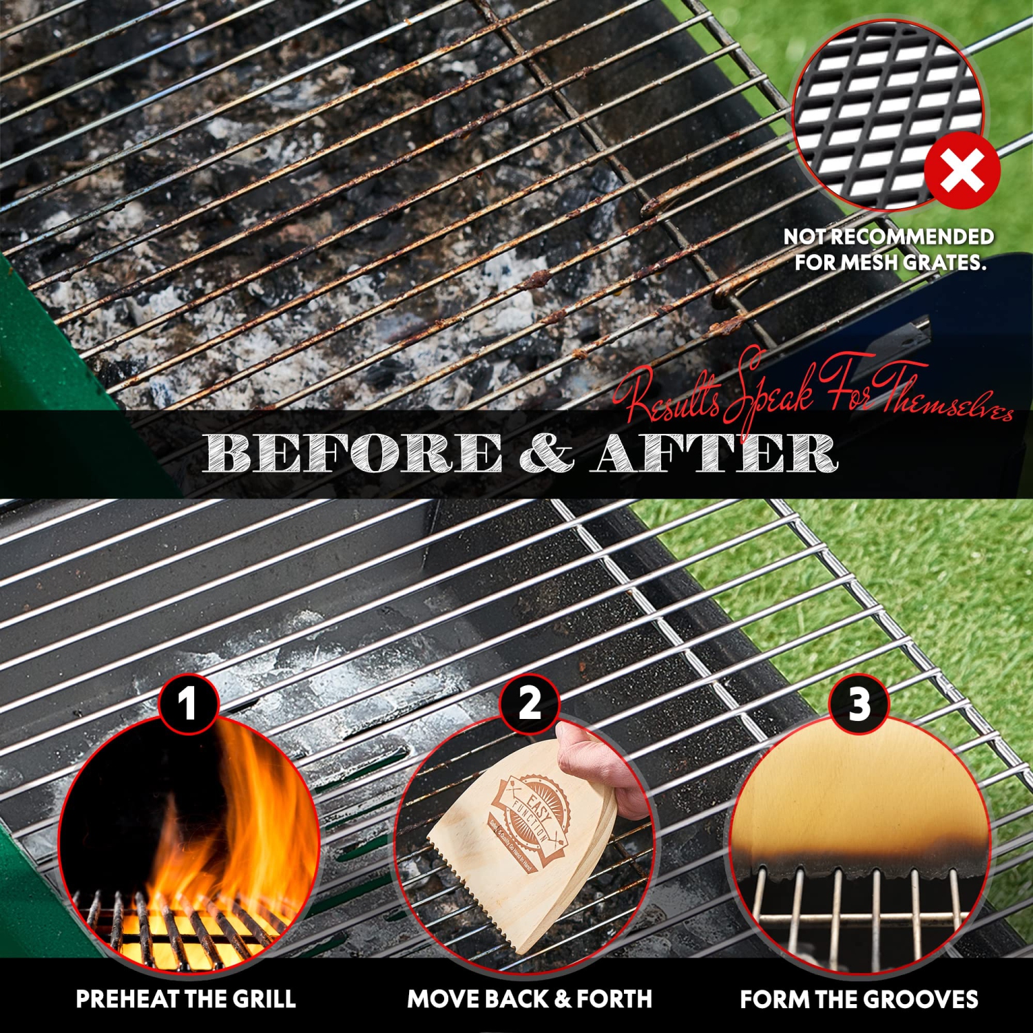 Easy Function Grill Scraper - Wooden BBQ Grill Brush Cleaner Alternative - Uses Powerful QuicKClean Technology to Faultlessly Clean On Top & Between