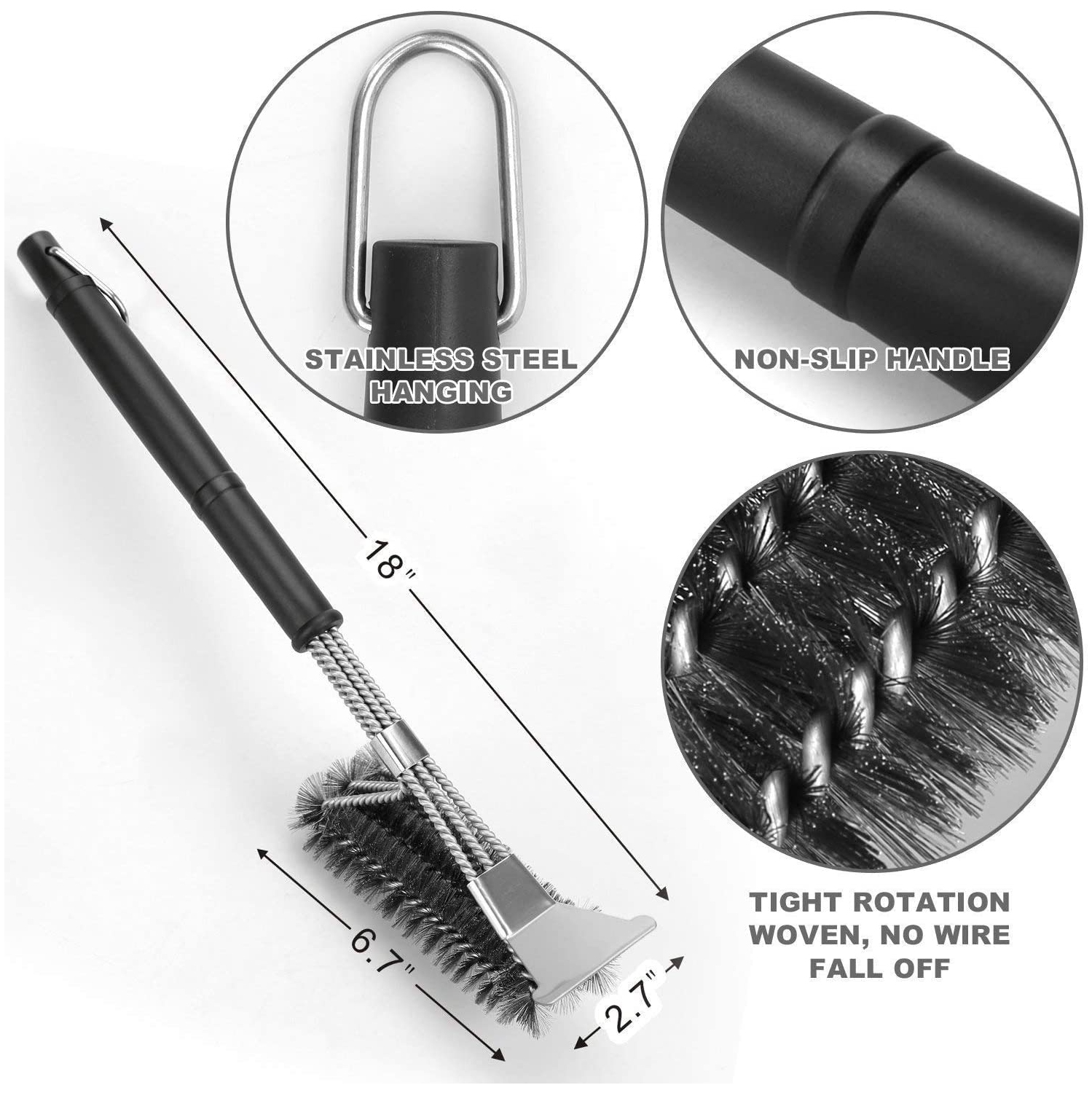 BBQ Cleaning Brush 2Pcs, Grill BBQ Brush with Scraper, 100% Safe Bristle Free BBQ Brush,100% Rust-Proof Stainless Steel- BBQ Grill Cleaner for