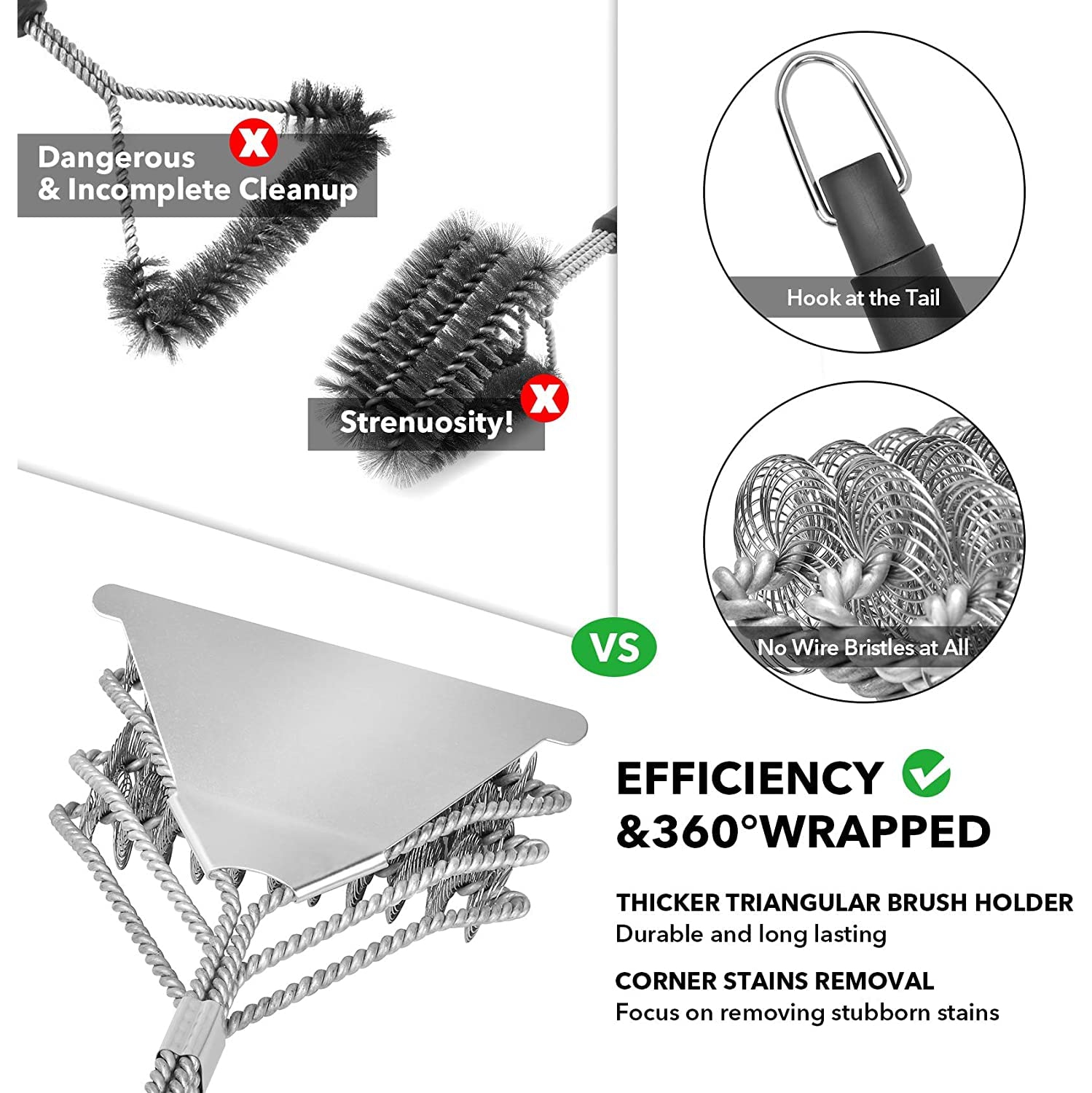 BBQ Cleaning Brush 2Pcs, Grill BBQ Brush with Scraper, 100% Safe Bristle Free BBQ Brush,100% Rust-Proof Stainless Steel- BBQ Grill Cleaner for