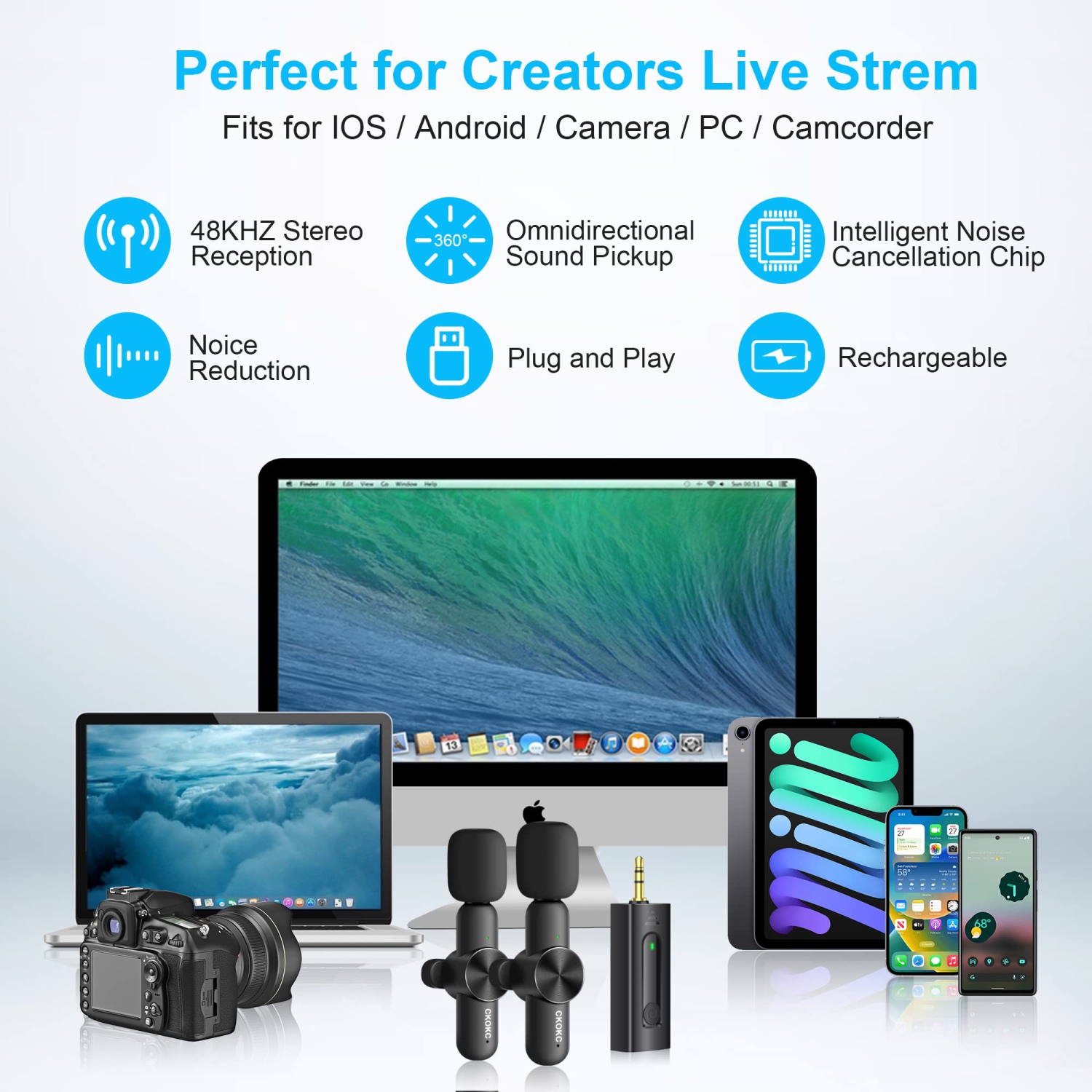 Dual Wireless Lavalier Microphone for iPhone/Android Phones/DSLR Camera/Laptop/MacBook/GoPro/Camcorder, Professional Lapel Mic for Video