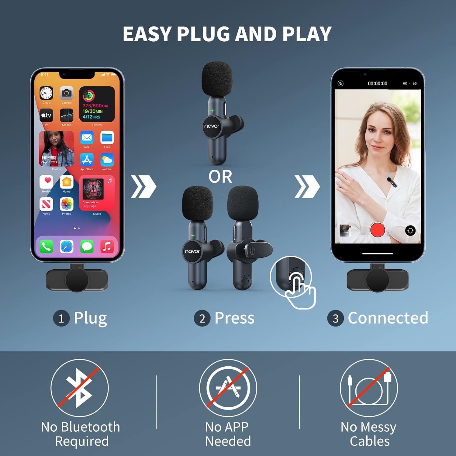 Wireless Lavalier Microphone for iPhone iPad Android, Dual Mics & Receivers, 65FT Range 6H Battery Plug & Play, Noise Reduction Mic for Video,