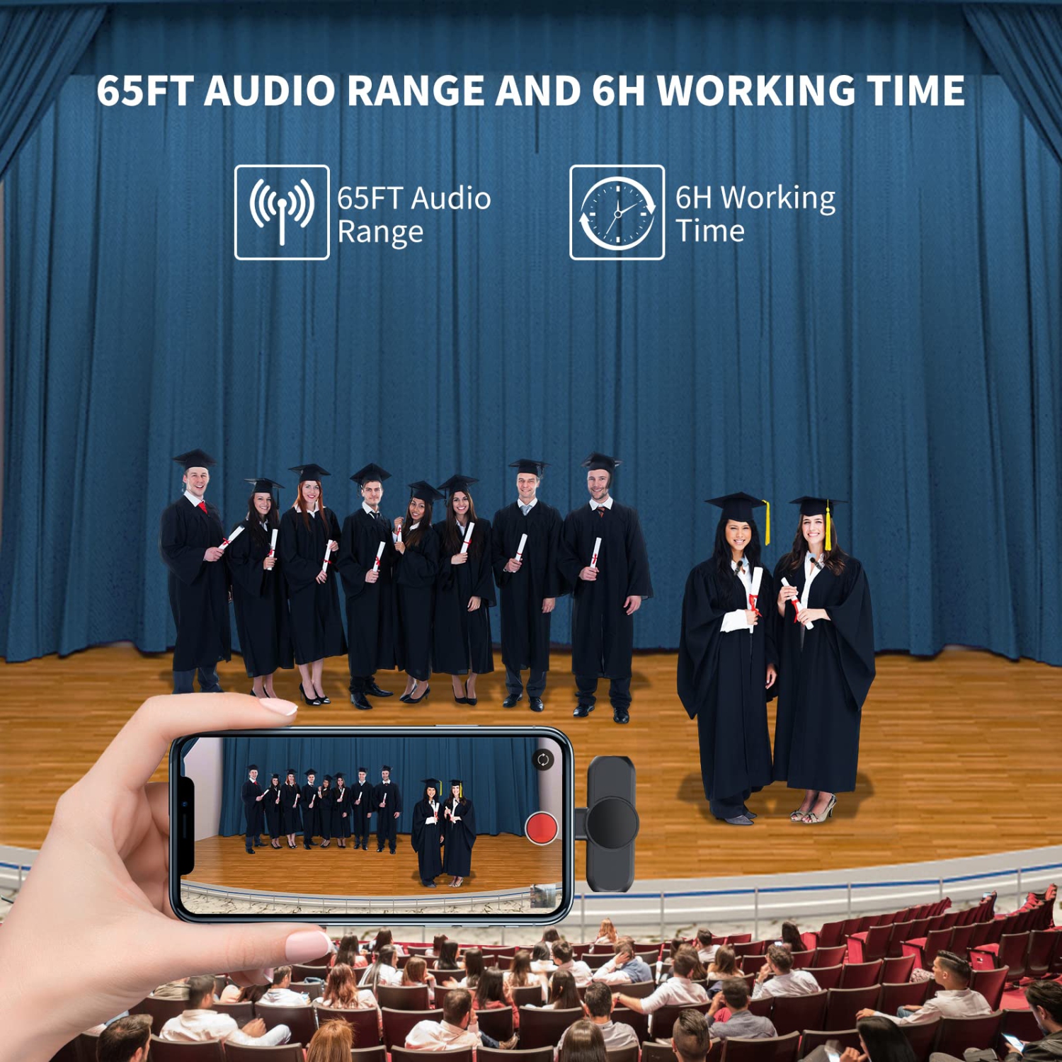 Wireless Lavalier Microphone for iPhone iPad Android, Dual Mics & Receivers, 65FT Range 6H Battery Plug & Play, Noise Reduction Mic for Video,