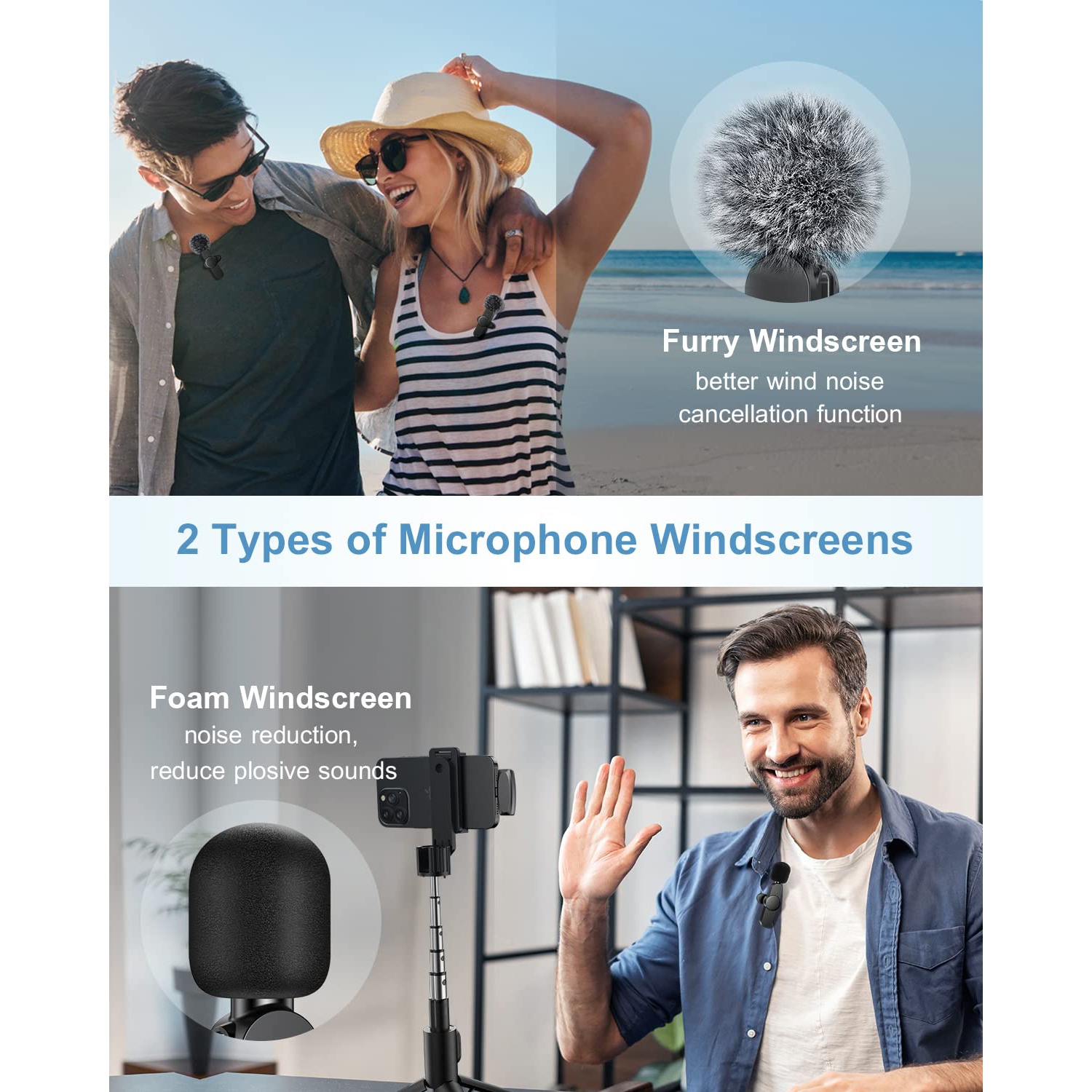 Wireless Lavalier Microphone for iPhone iPad Android, Dual Mics & Receivers, 65FT Range 6H Battery Plug & Play, Noise Reduction Mic for Video,