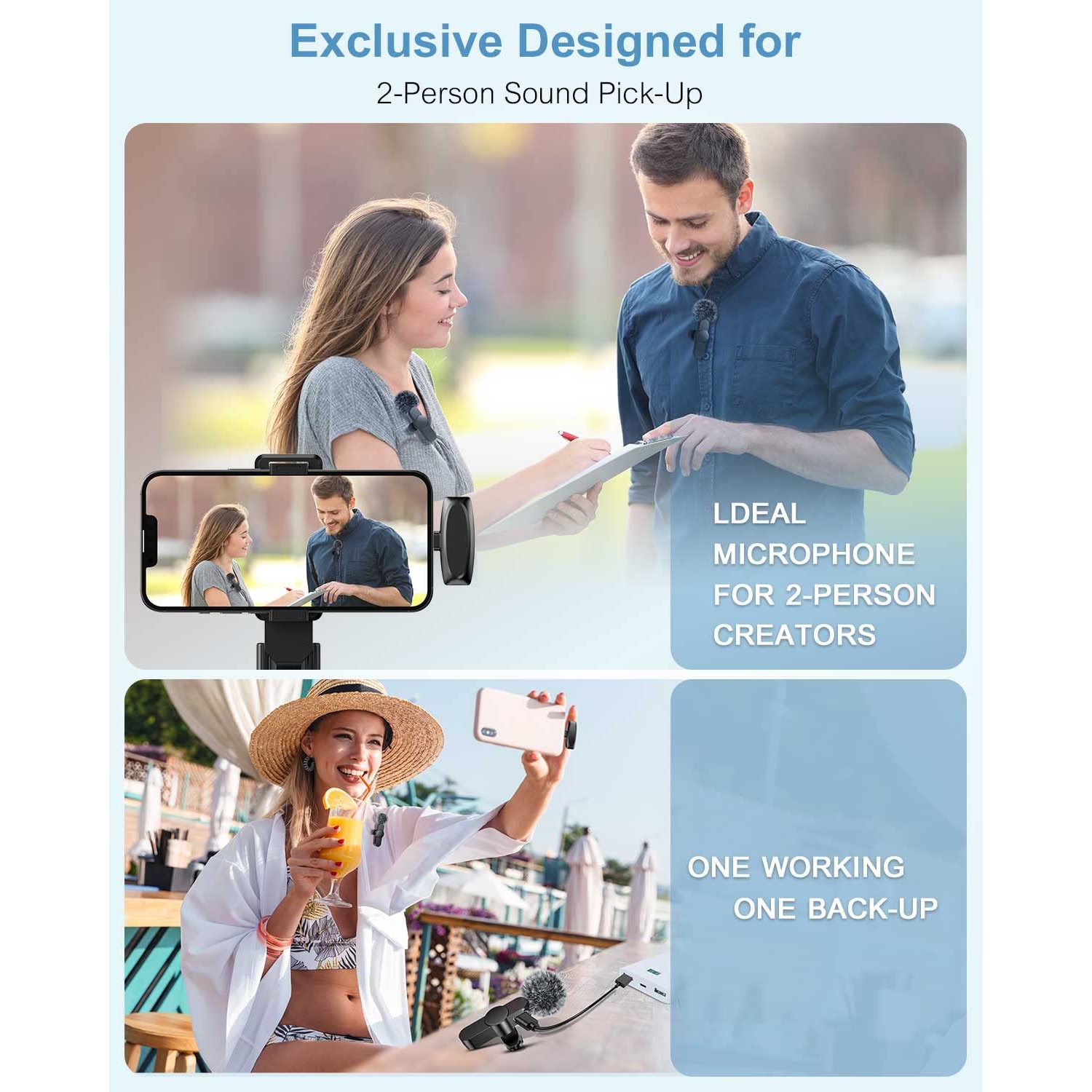 Wireless Lavalier Microphone for iPhone iPad Android, Dual Mics & Receivers, 65FT Range 6H Battery Plug & Play, Noise Reduction Mic for Video,