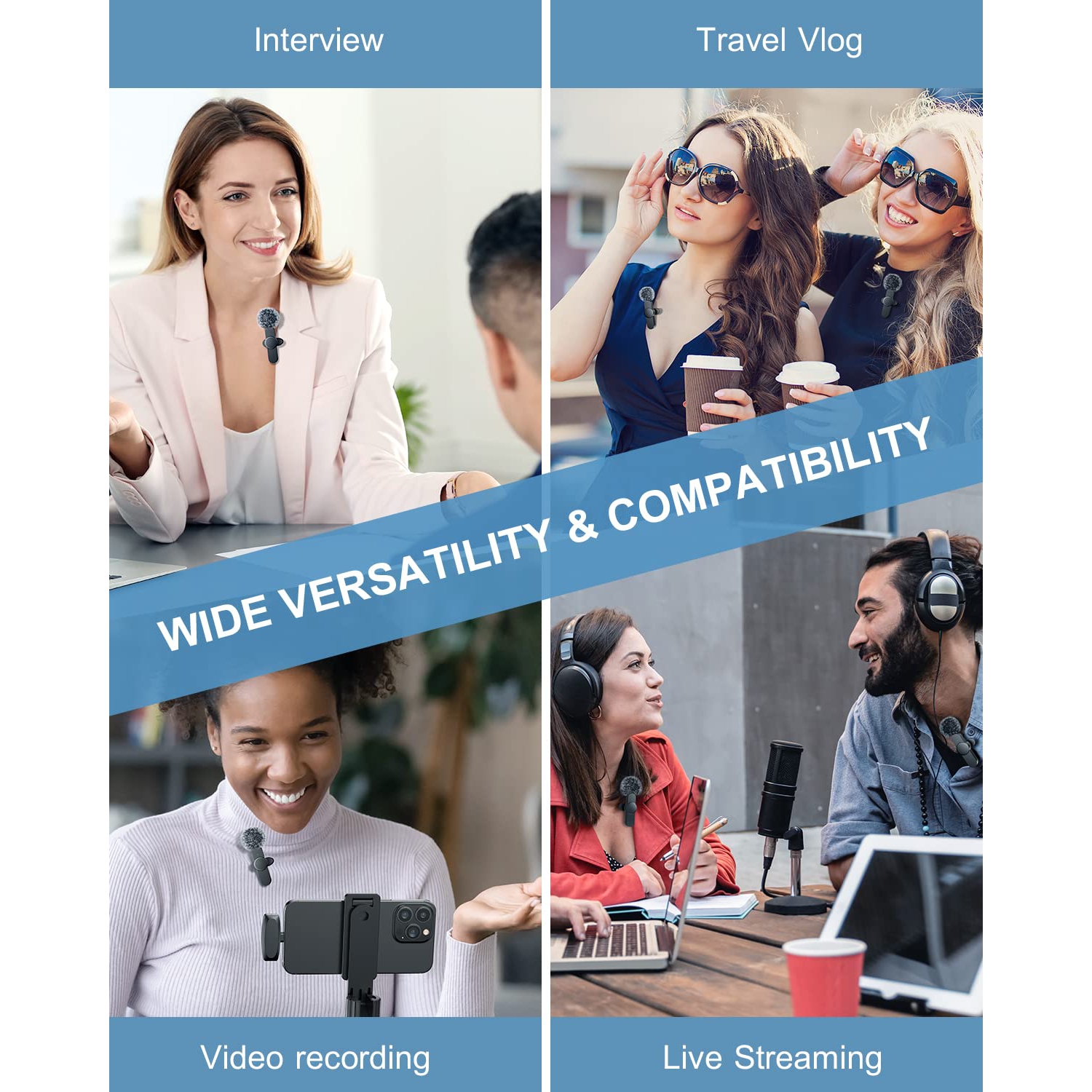 Wireless Lavalier Microphone for iPhone iPad Android, Dual Mics & Receivers, 65FT Range 6H Battery Plug & Play, Noise Reduction Mic for Video,