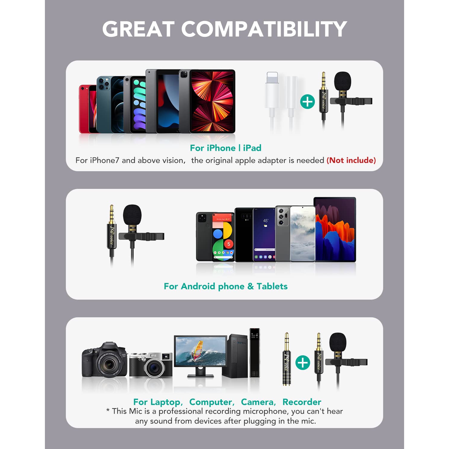 PoP voice Professional Lavalier Lapel Microphone Omnidirectional Condenser Mic for iPhone Android Smartphone,Recording Mic for Youtube,Interview,Video