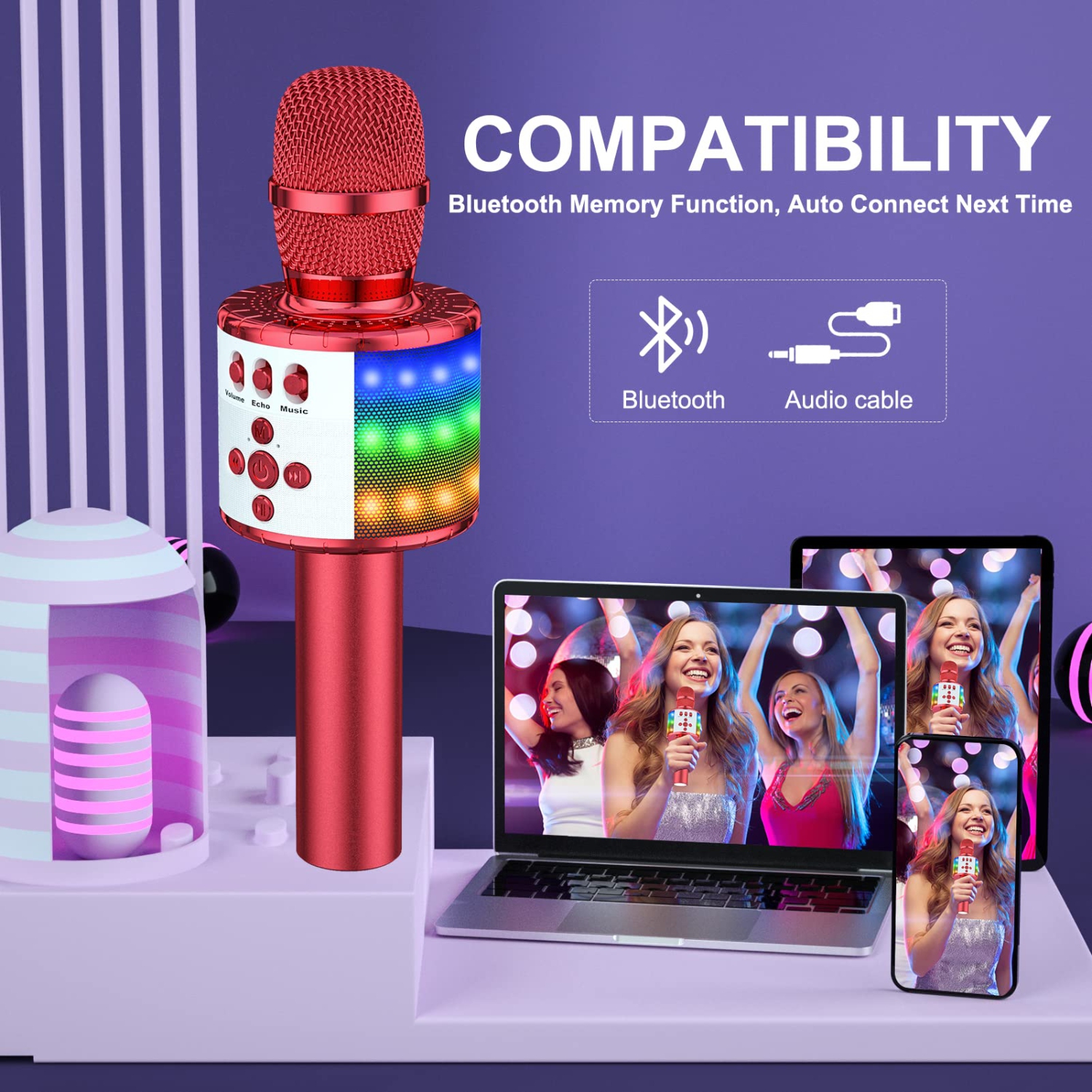 Bluetooth Wireless Karaoke Microphone with Controllable LED Lights, Portable Handheld Karaoke Speaker Machine Christmas Birthday Home Party for PC or