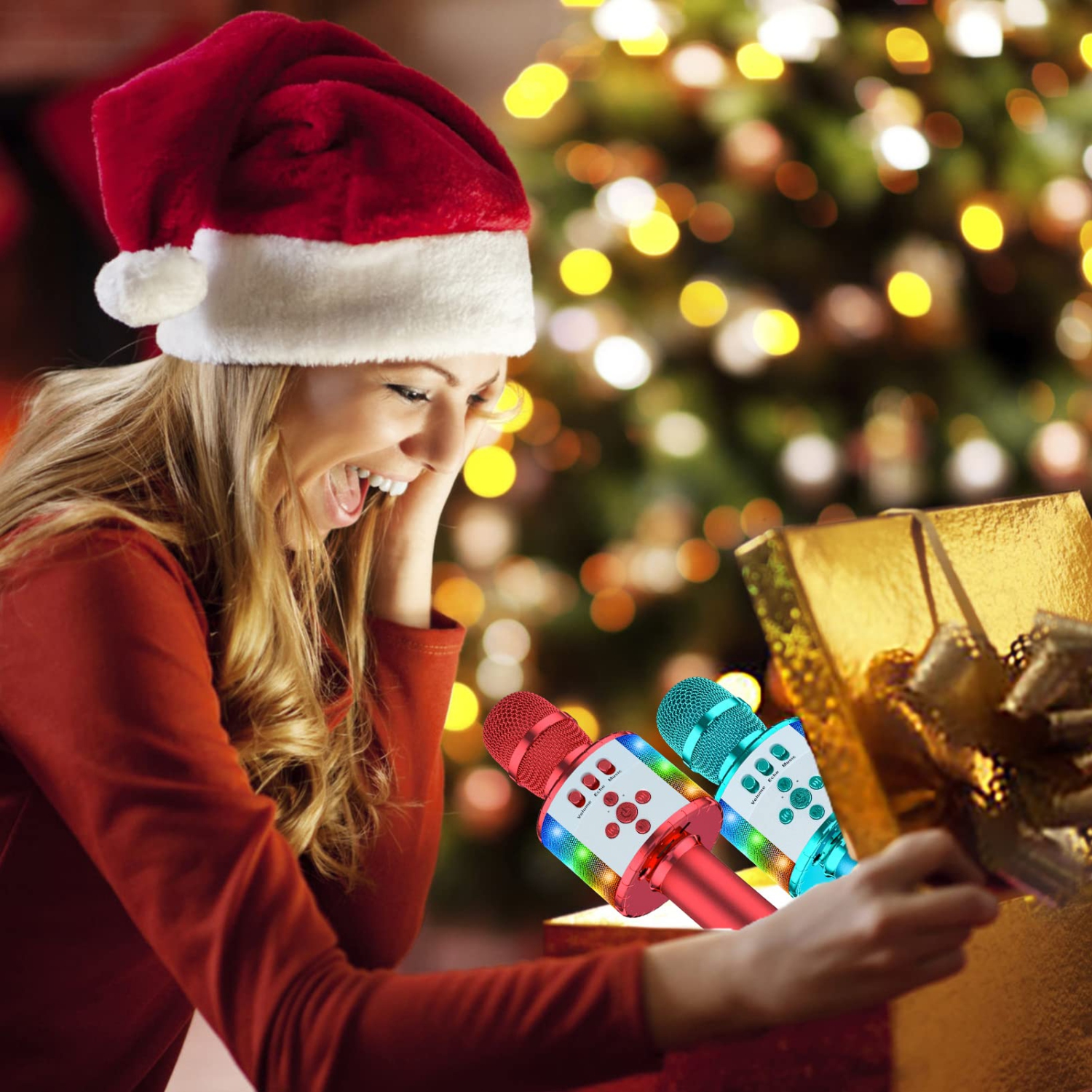 Bluetooth Wireless Karaoke Microphone with Controllable LED Lights, Portable Handheld Karaoke Speaker Machine Christmas Birthday Home Party for PC or