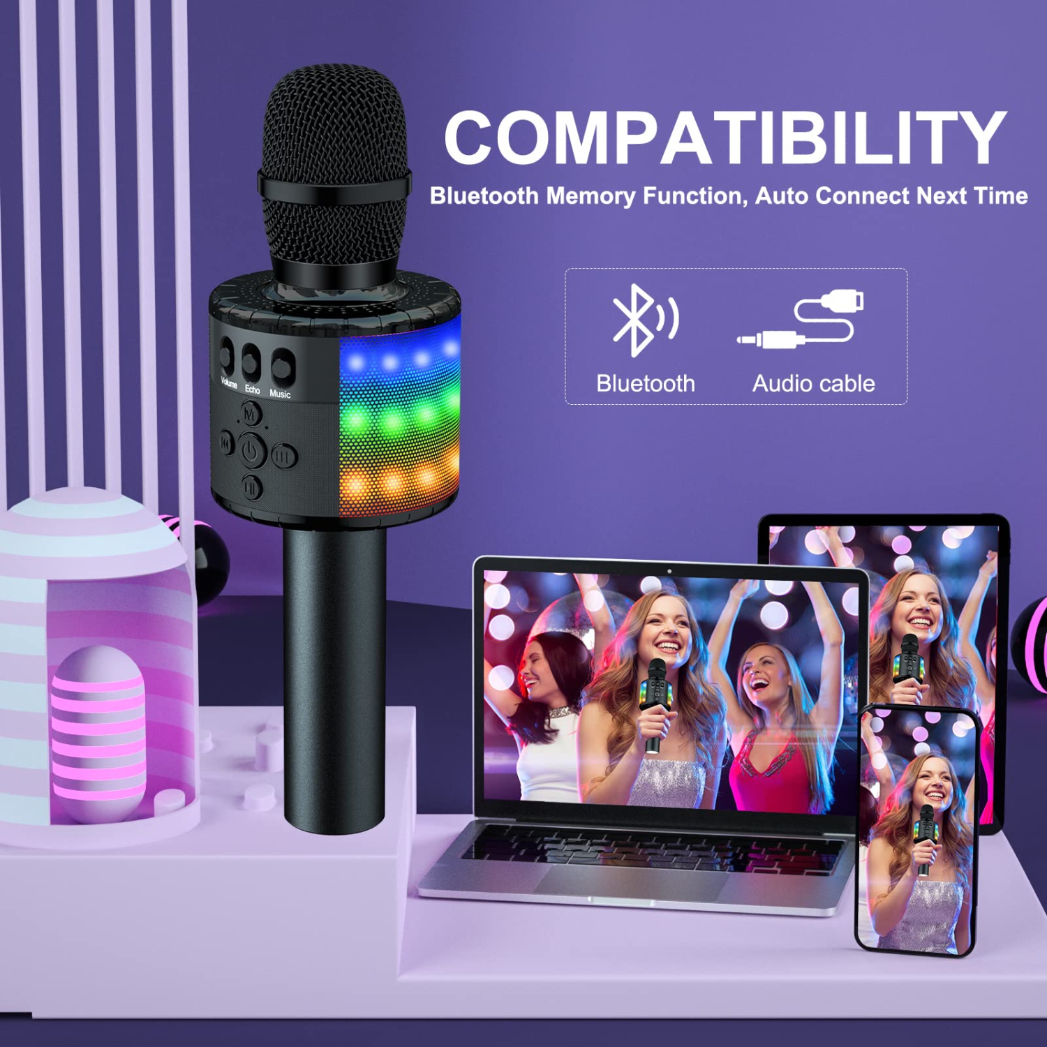 Bluetooth Wireless Karaoke Microphone with Controllable LED Lights, Portable Handheld Karaoke Speaker Machine Christmas Birthday Home Party for PC or