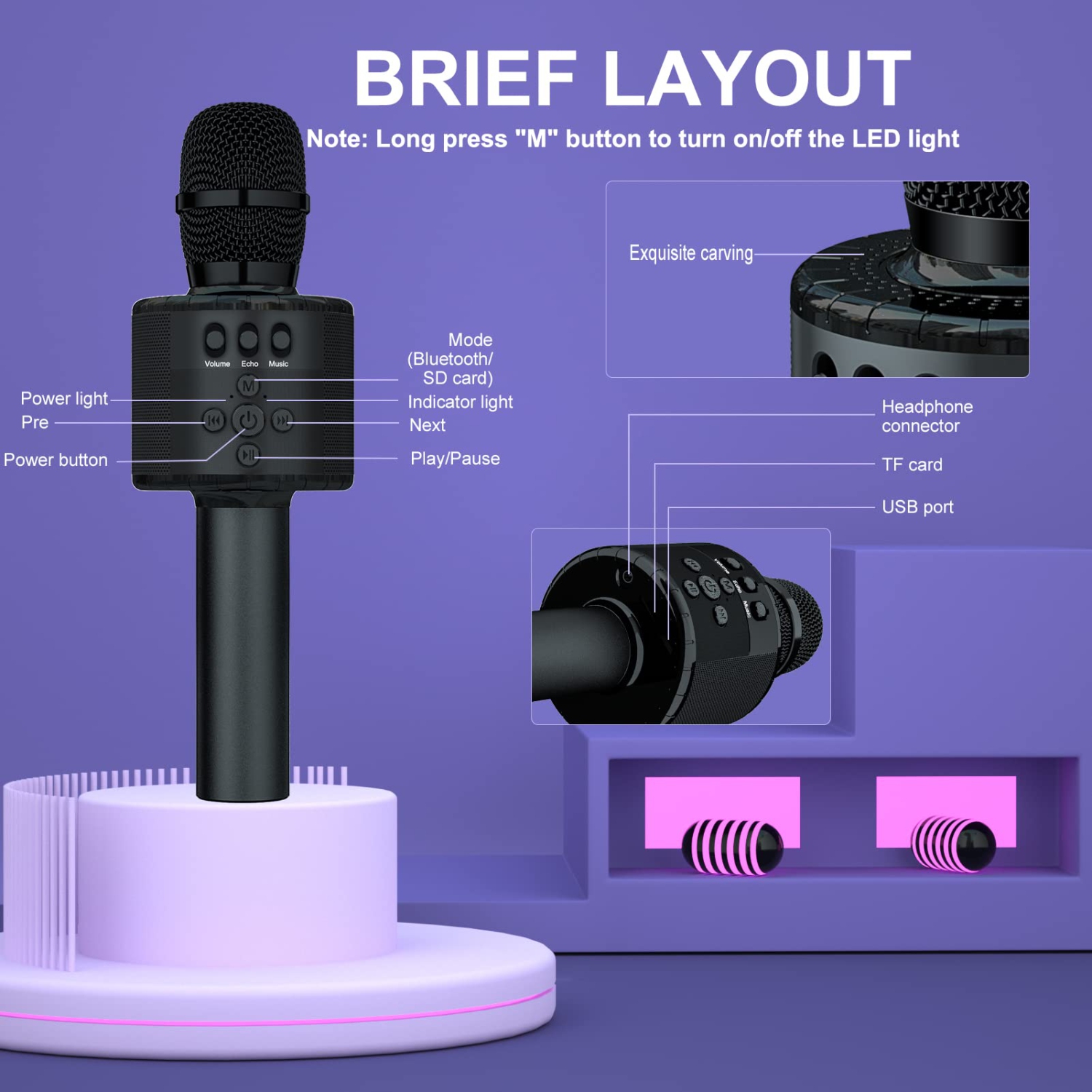 Bluetooth Wireless Karaoke Microphone with Controllable LED Lights, Portable Handheld Karaoke Speaker Machine Christmas Birthday Home Party for PC or