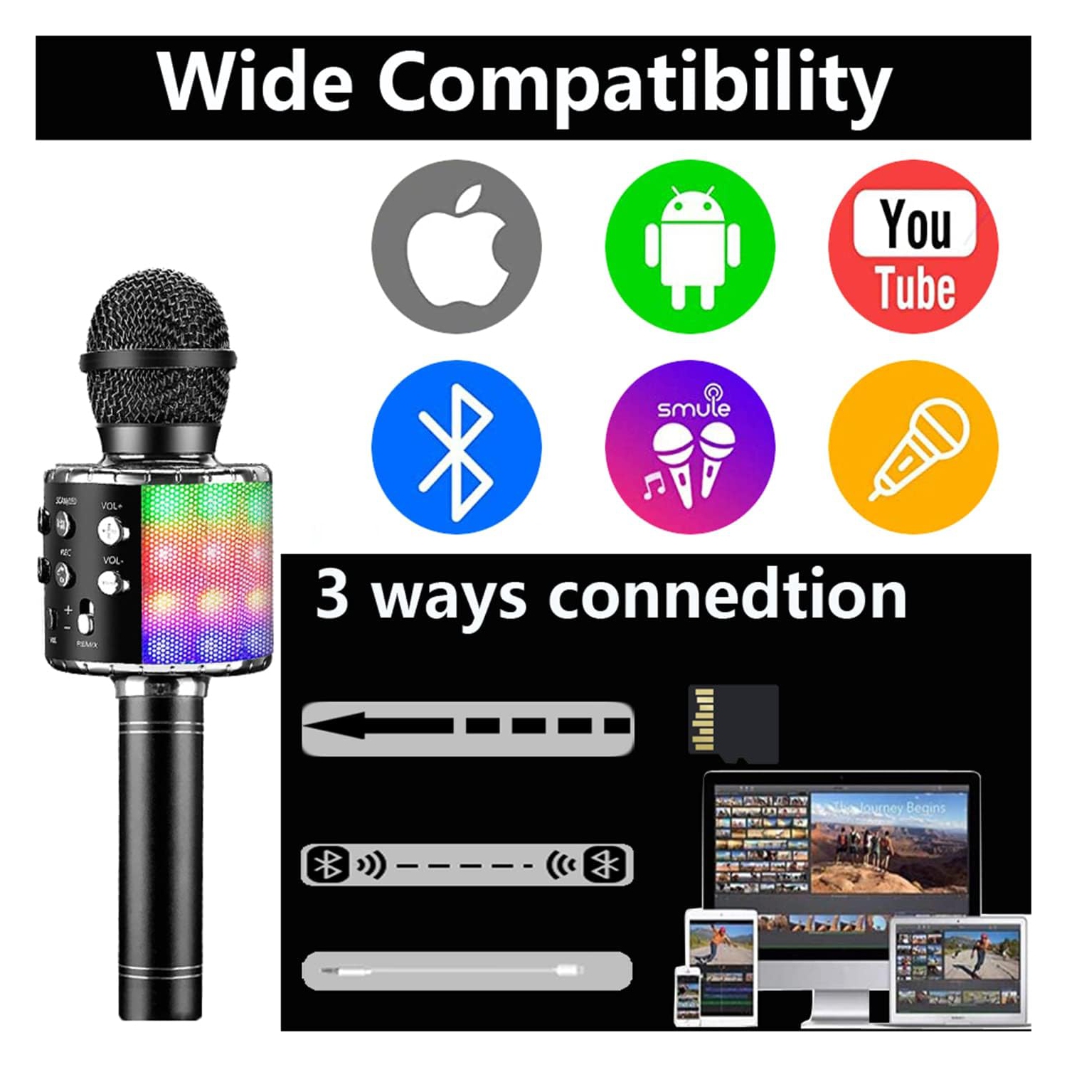 Wireless Bluetooth Karaoke Microphone, 3-in-1 Portable Handheld Mic Speaker Machine for All Smartphones, Gift for Girls Boys Kids Adults All Age