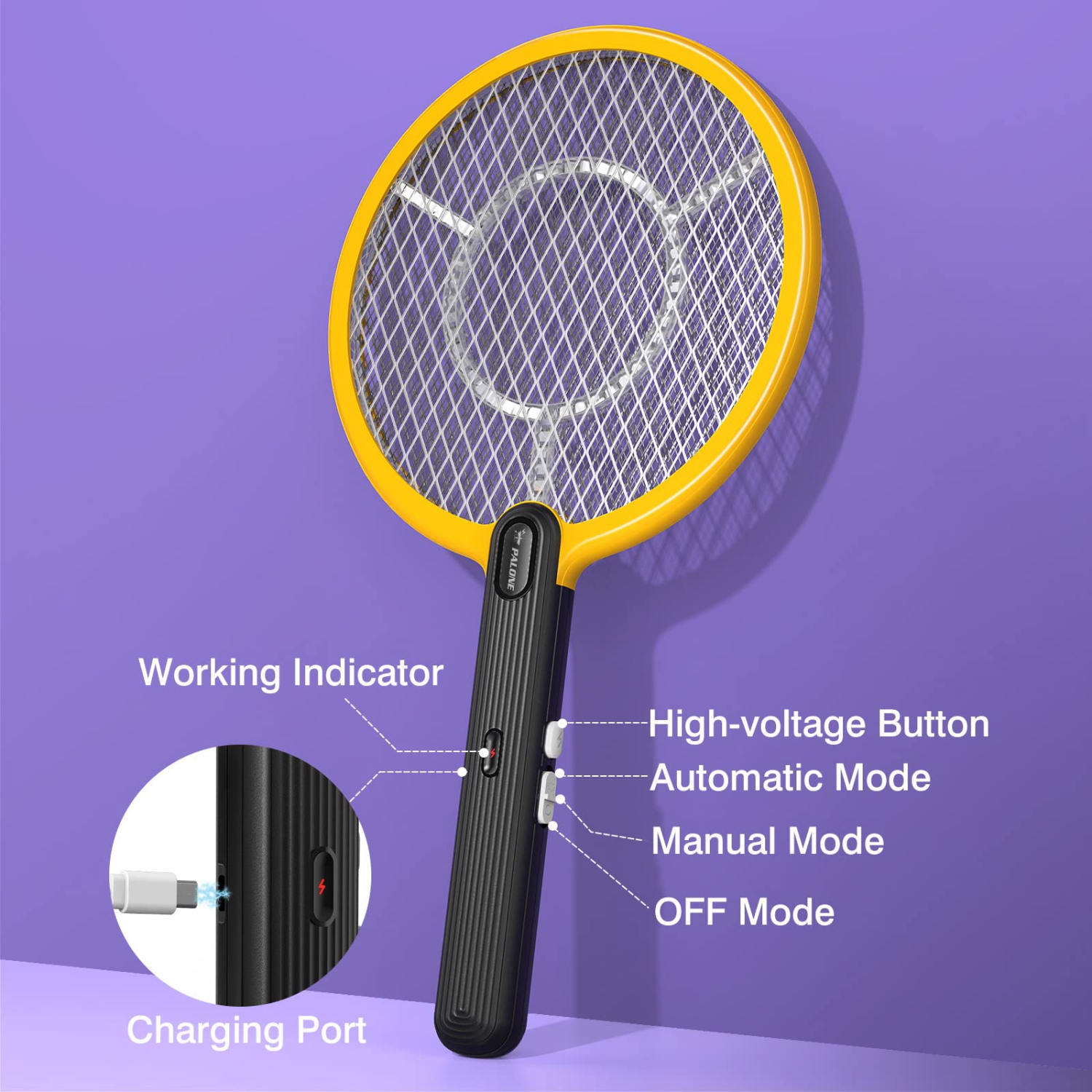 Bug Zapper Racket 2 in 1Electric Standing Fly Swatter with 4000V High Power Grid, 3-Layer Safety Mesh, Suitable for Indoors and Outdoors